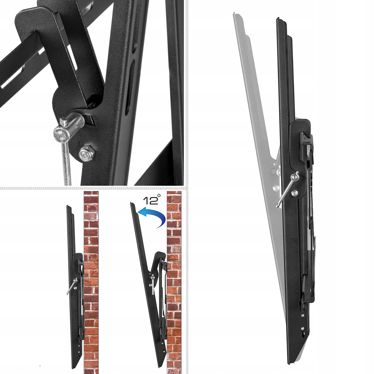 Zbliżenie czarnego uchwytu do TV, pokazujące regulację i montaż.