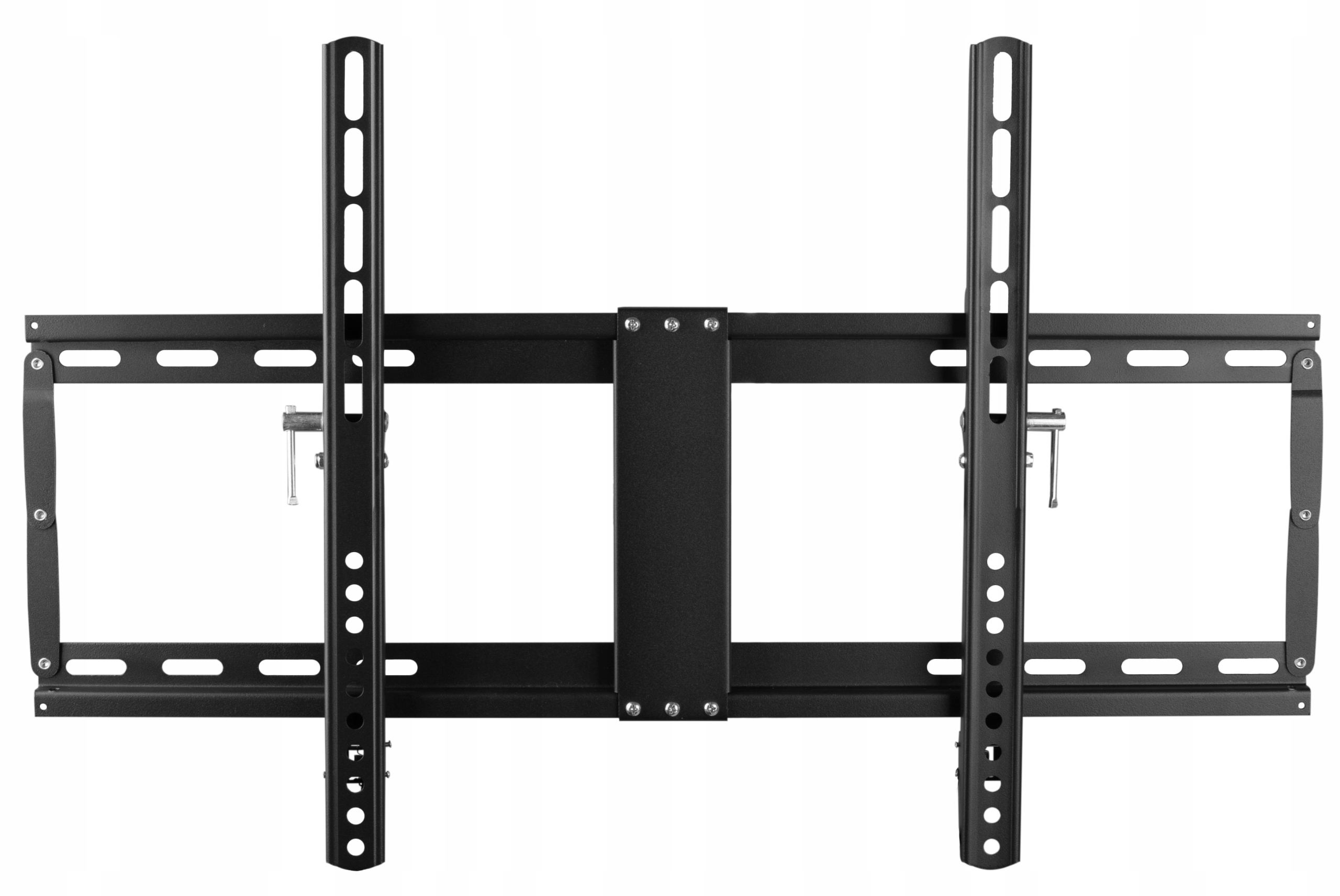 Czarny uchwyt do TV. Poziomy drążek z pionowymi ramionami. Widoczne elementy montażowe. Czysty, minimalistyczny design.