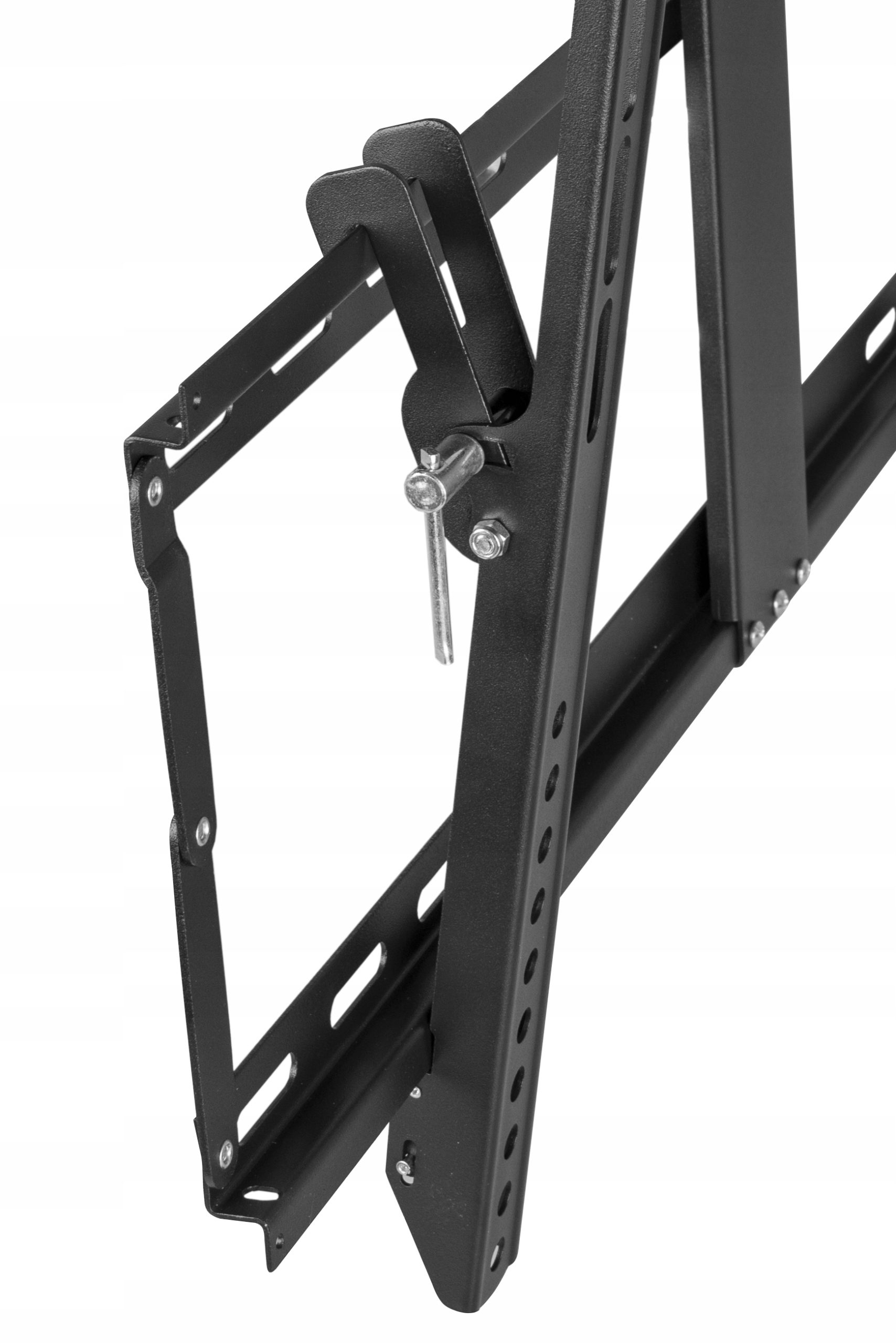 Zbliżenie czarnego uchwytu do TV, pokazujące szczegół połączenia.