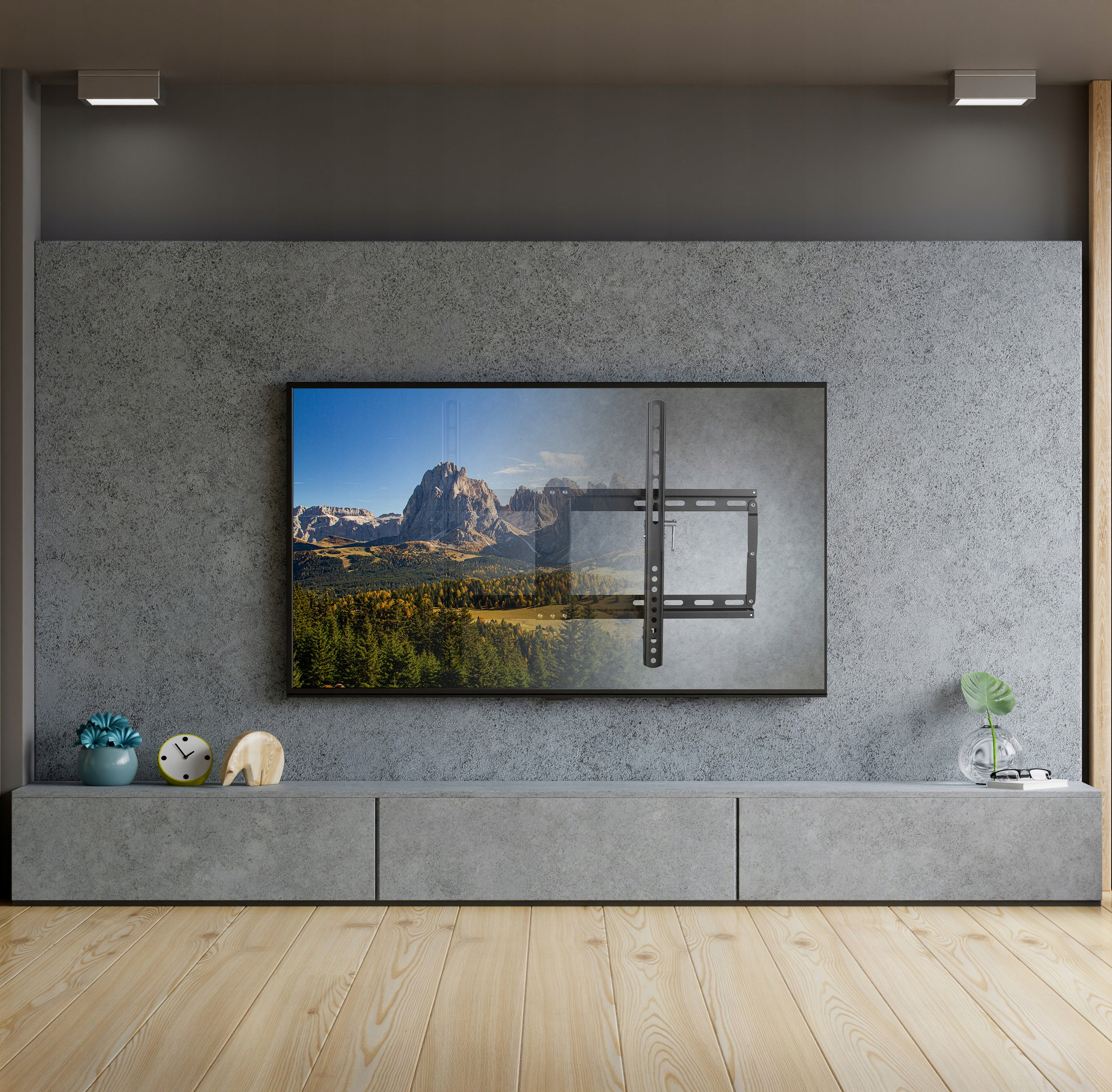 Nowoczesny salon z TV na szarej ścianie. Drewniana podłoga, szara szafka i elementy dekoracyjne.