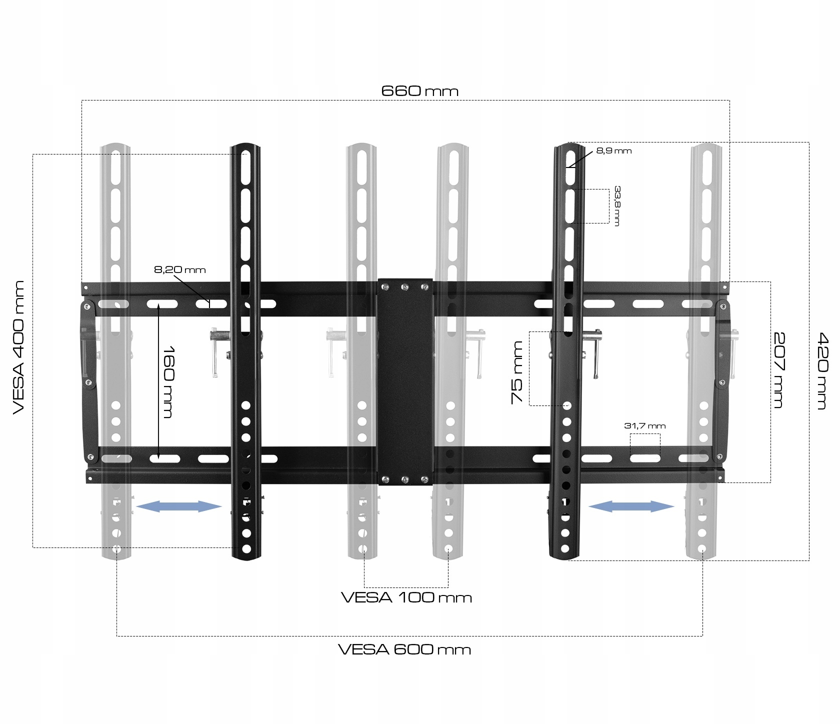 Schemat czarnego uchwytu TV z wymiarami, pokazujący VESA i szczegóły rozmiaru.