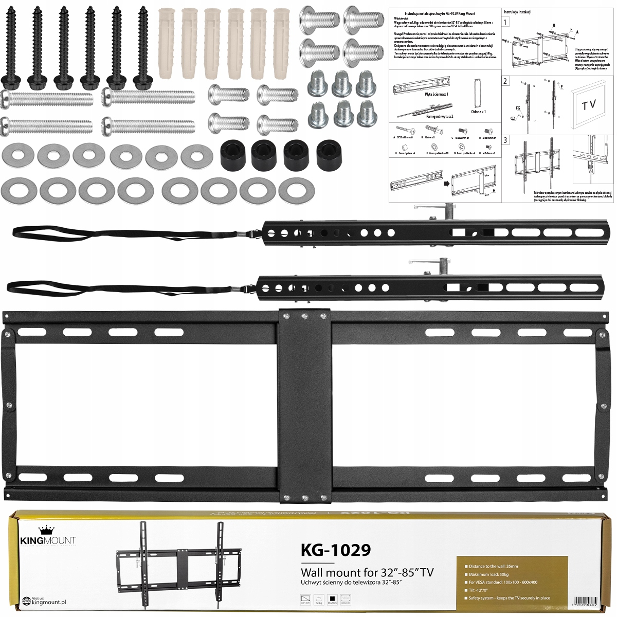 Zestaw do montażu TV z osprzętem, instrukcją. Czarne wsporniki, śruby i podkładki. Opakowanie z tekstem.
