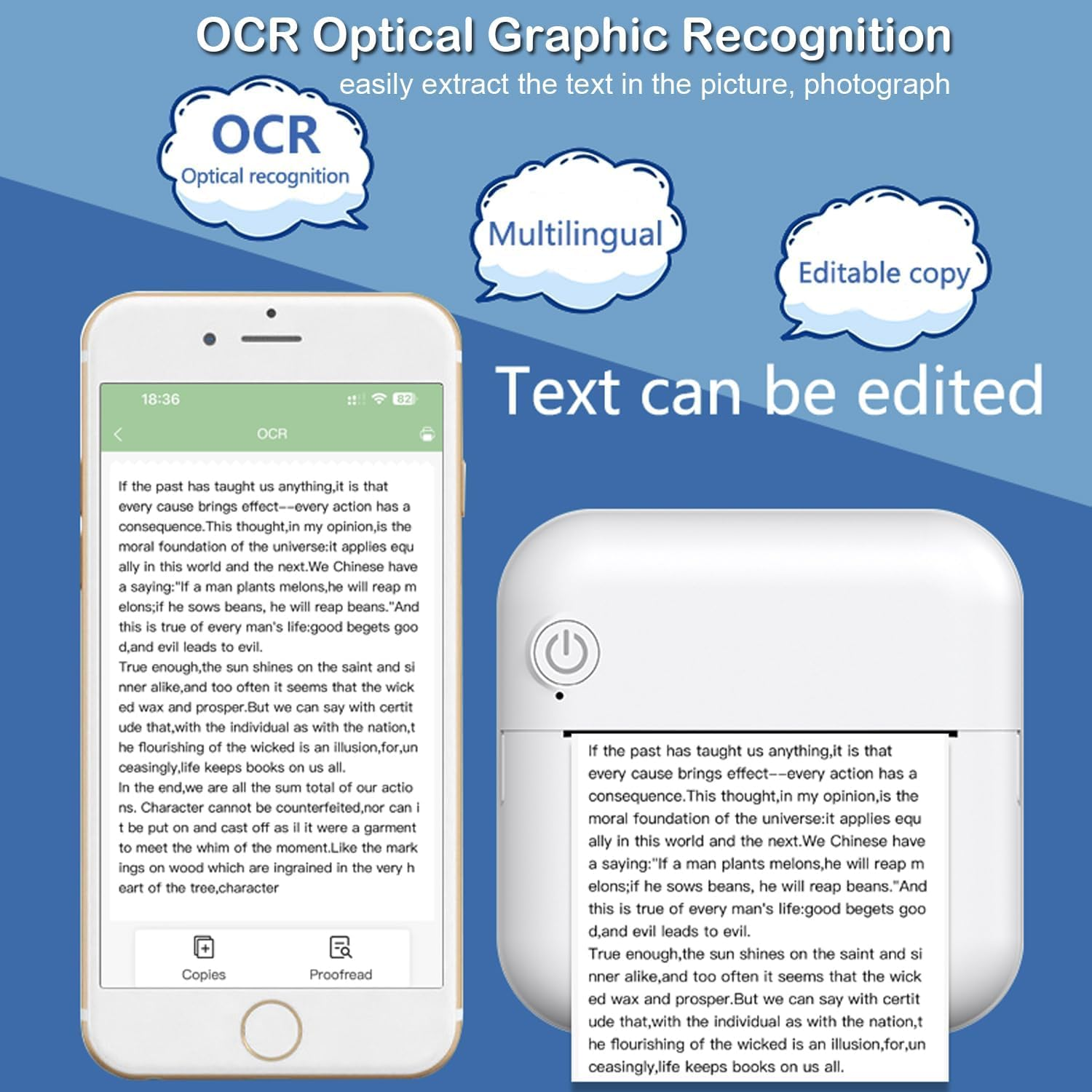 Ein Telefon zeigt Text mit OCR, mehrsprachigen und bearbeitbaren Optionen.