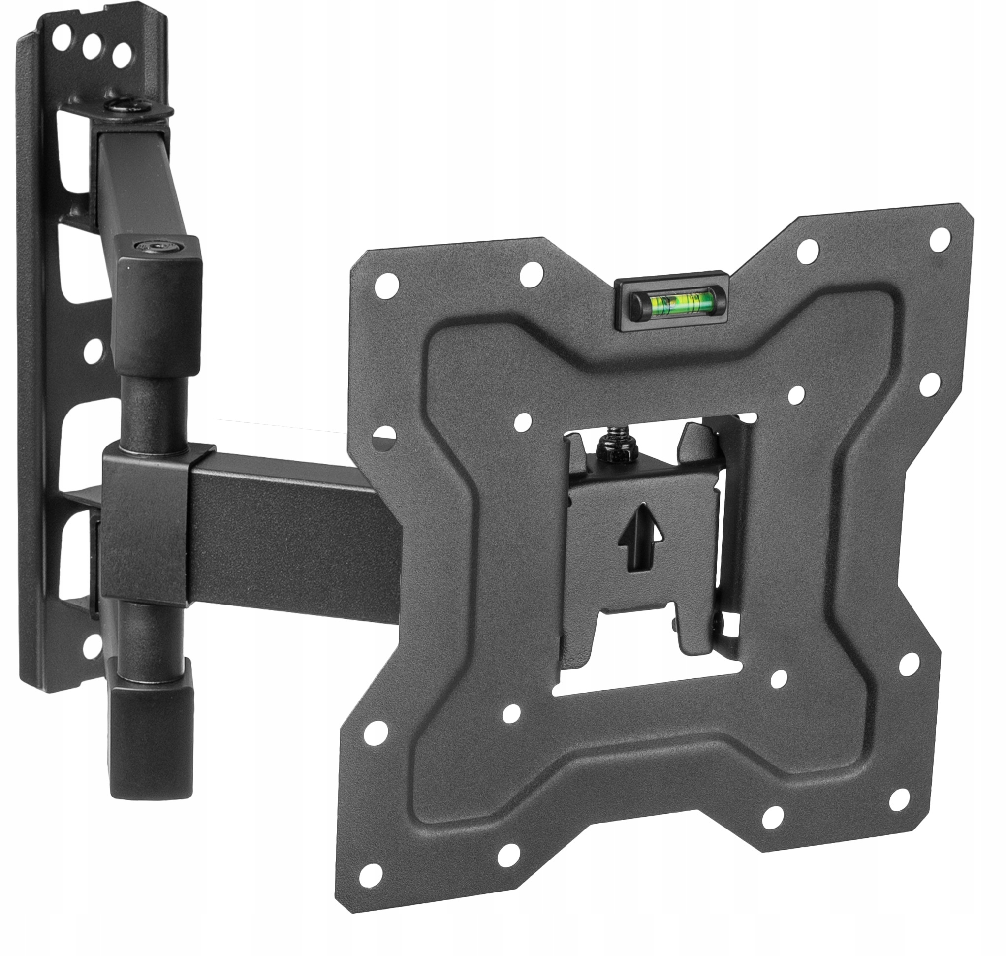 Czarny uchwyt ścienny do TV na białym tle. Posiada poziomicę i wiele otworów na śruby.