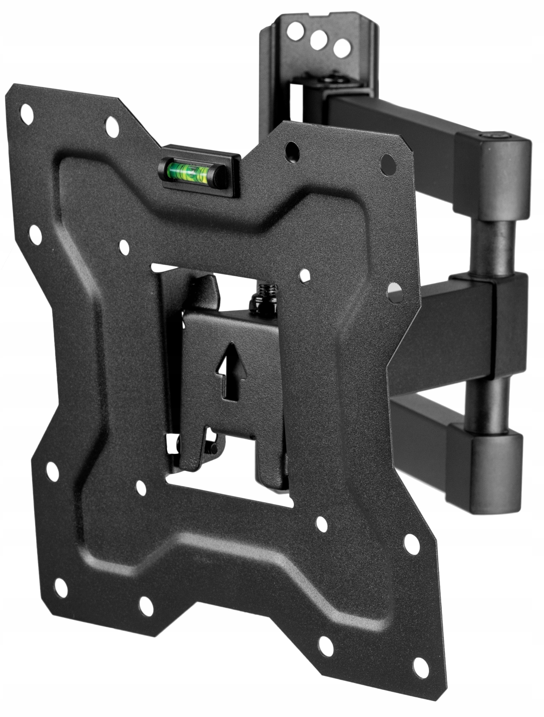 Czarny uchwyt ścienny do TV, ze wskaźnikiem poziomu. Jest częścią zestawu do montażu telewizora.