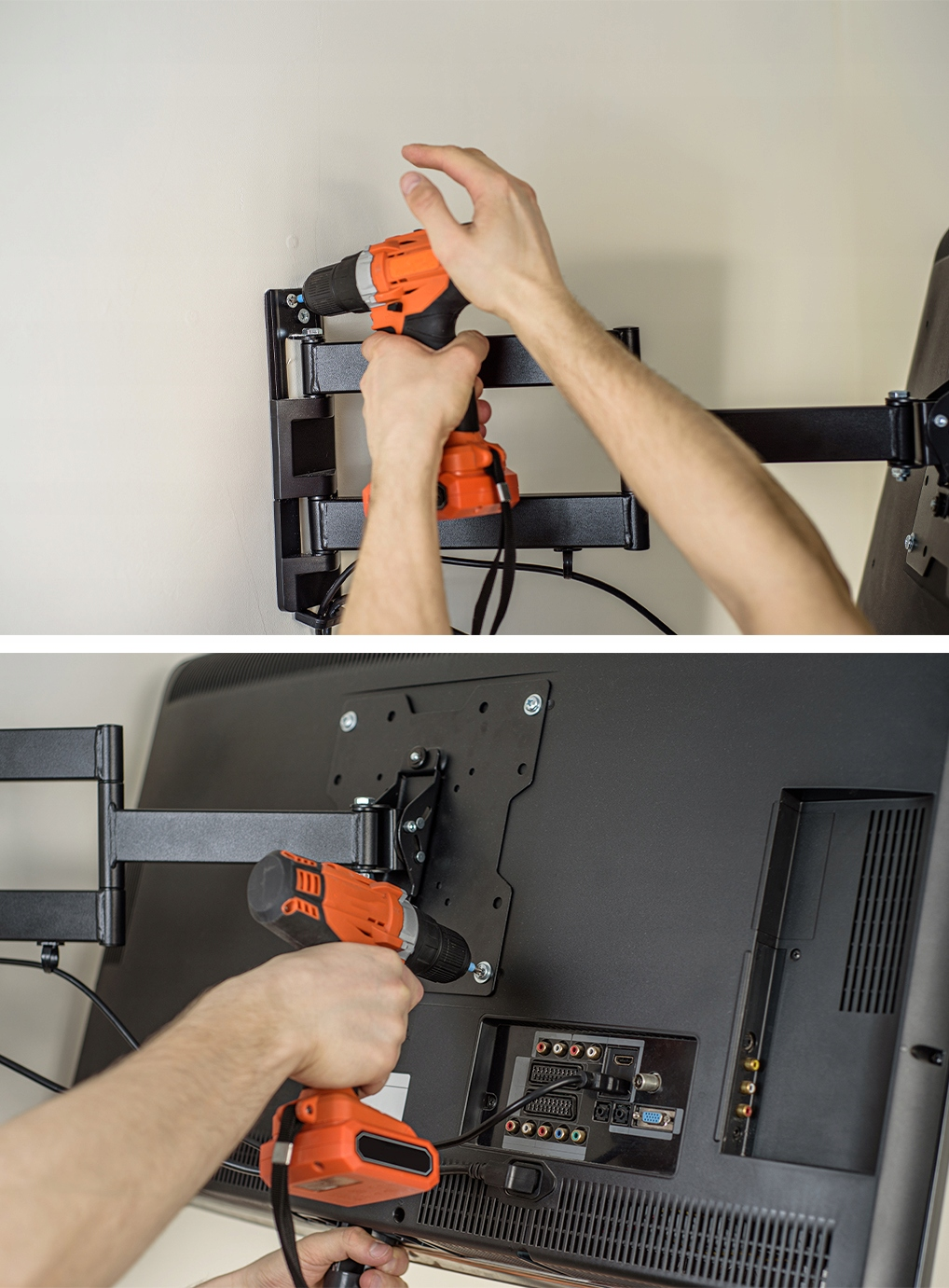 Dwa obrazy osoby instalującej uchwyt ścienny do TV za pomocą wiertarki. Telewizor jest zamontowany na ścianie.