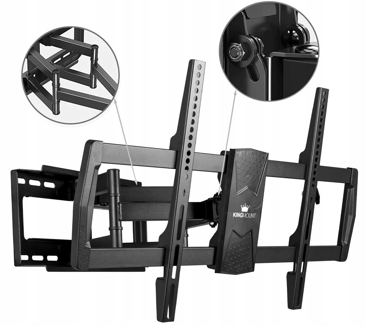 Zbliżenie czarnego uchwytu ściennego do TV z detalami ramienia przegubowego i wsporników montażowych, z napisem KingMount.
