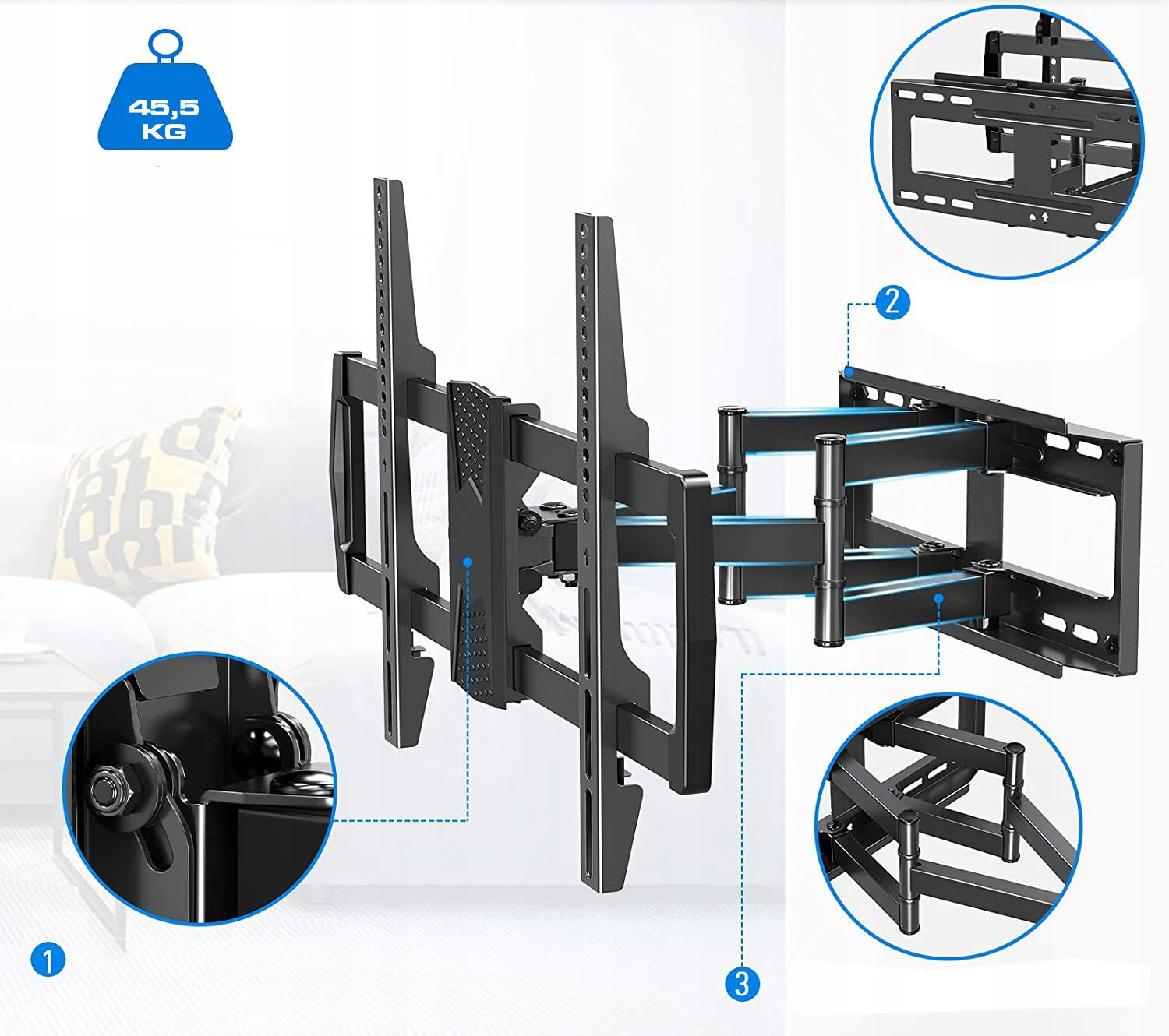 Czarny uchwyt ścienny do TV, z etykietą wagi 45,5 KG. Strzałki wskazują na przeguby ramion i regulowane części.