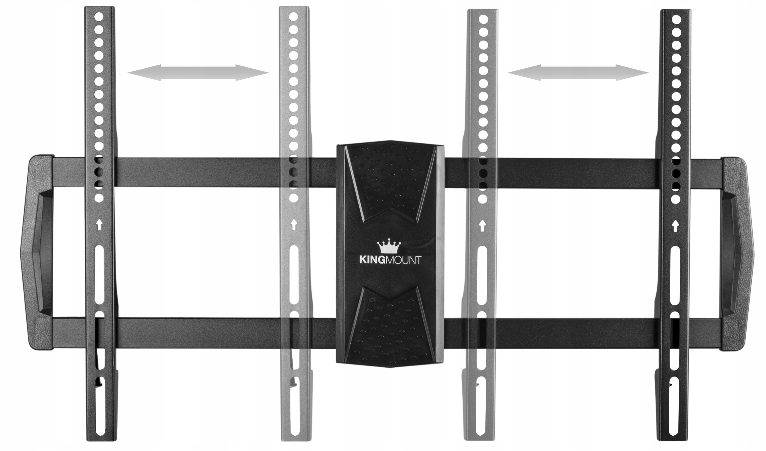 Czarny uchwyt ścienny do TV z regulowanymi ramionami, strzałki pokazują zakres regulacji poziomej.