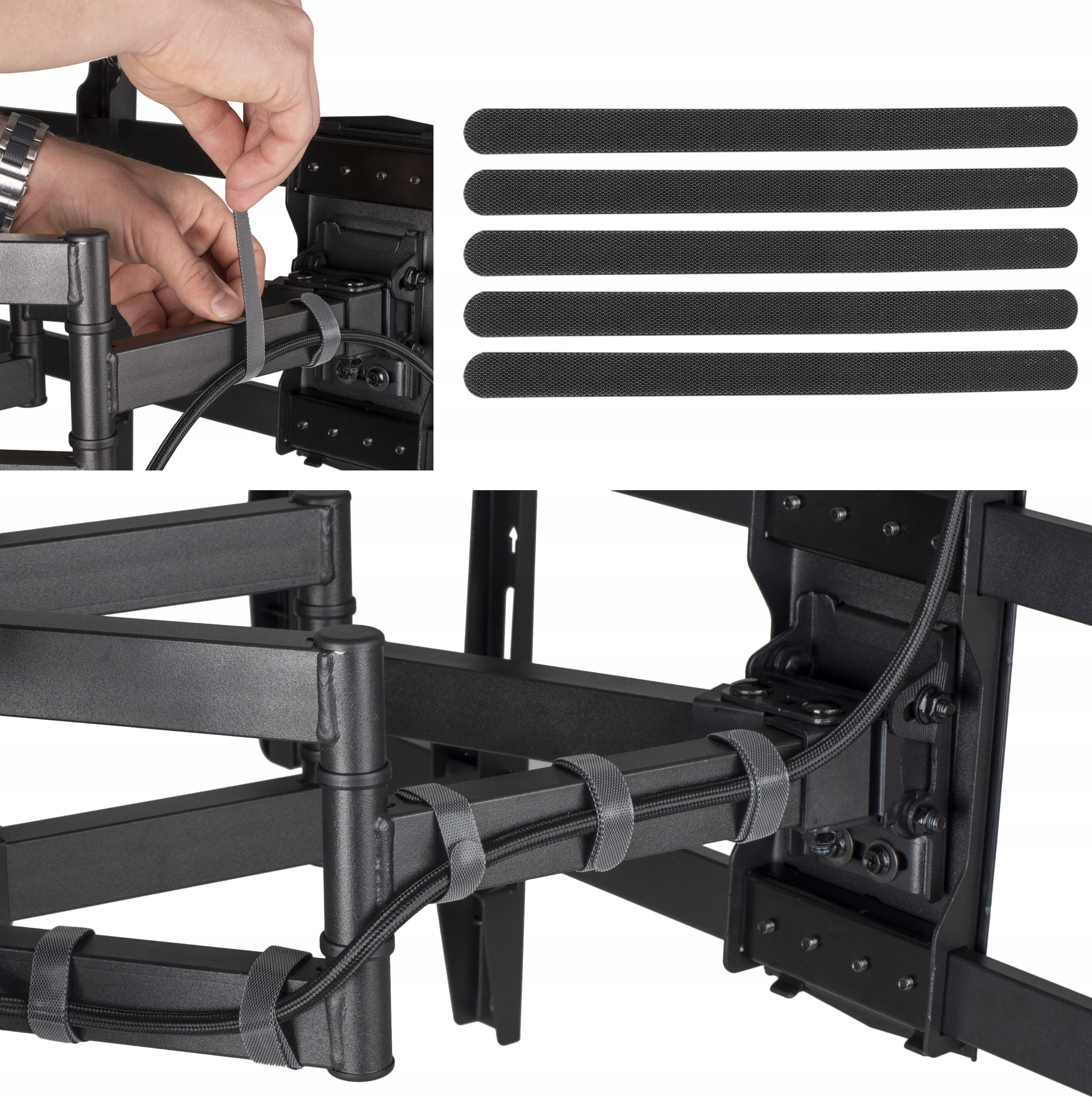 Osoba używająca opasek zaciskowych do uporządkowania kabli na uchwycie ściennym do TV, zapewniając schludne zarządzanie kablami.