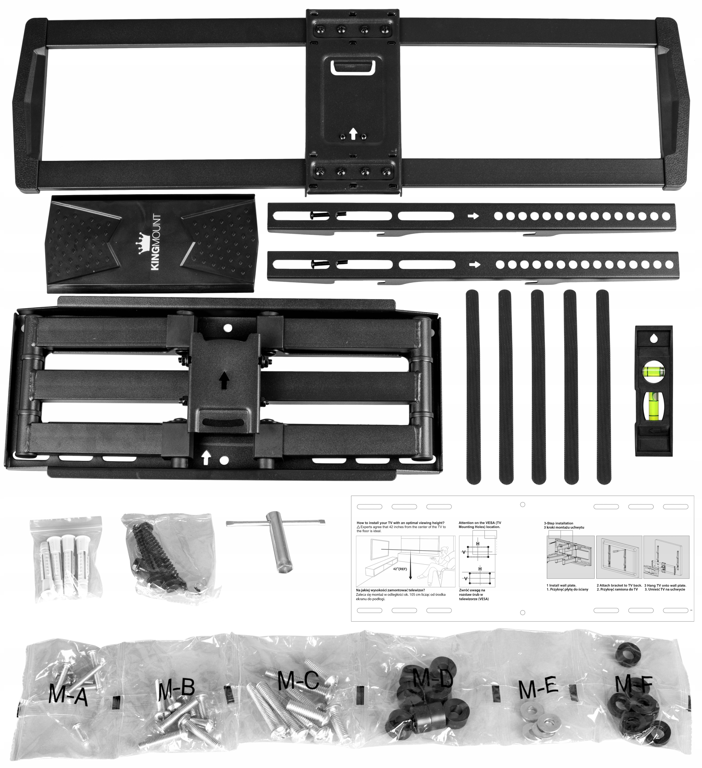 Różne elementy zestawu czarnego uchwytu ściennego do TV, w tym wsporniki, śruby i poziomnica.