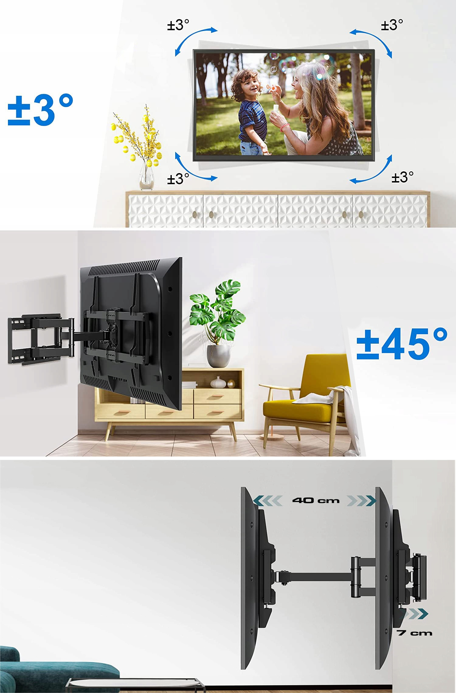 Telewizor zamontowany na czarnym uchwycie ściennym do TV, pokazujący kąty regulacji ±3° i ±45° oraz odległości.