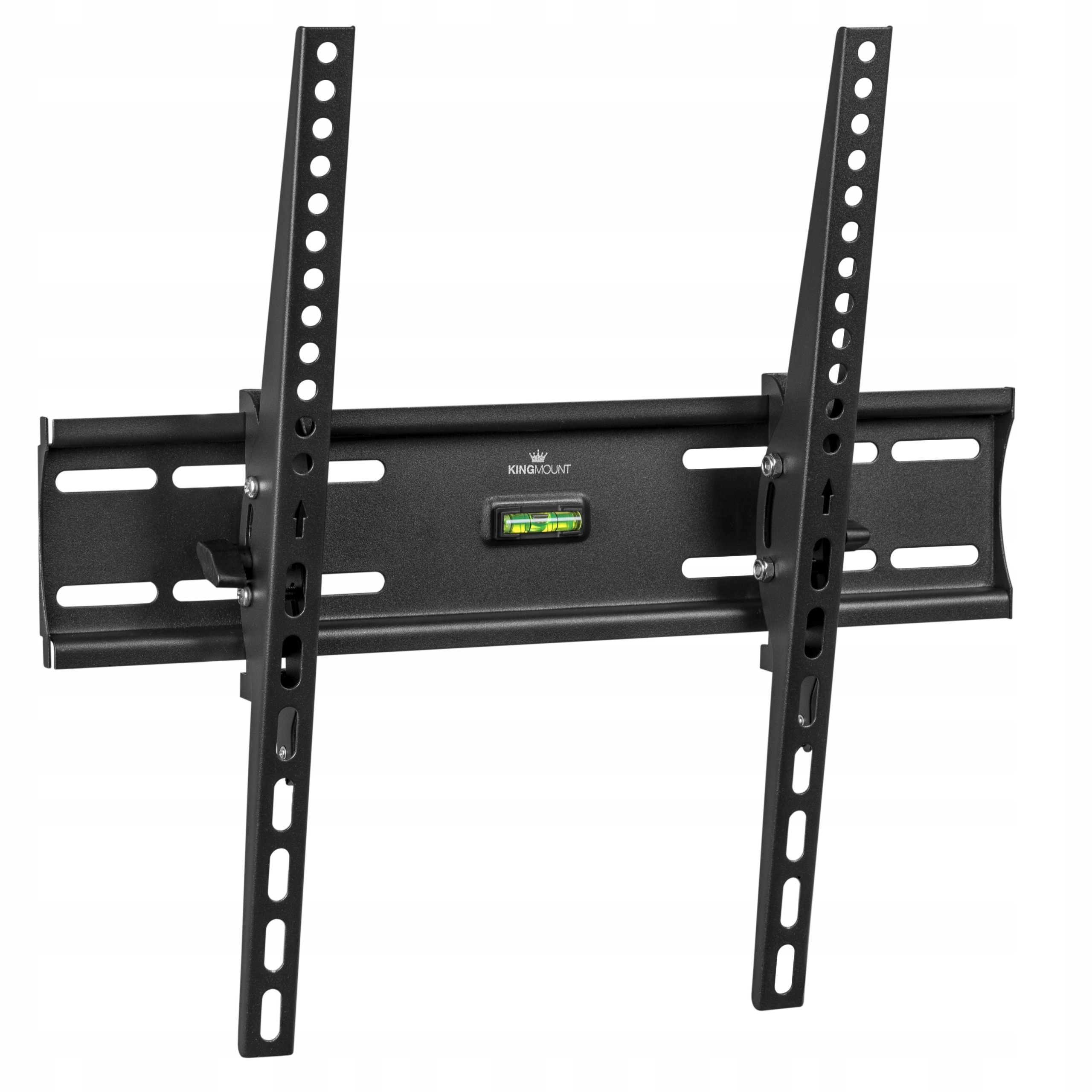 Czarny uchwyt ścienny do telewizora z dwoma wspornikami i poziomnicą. Uchwyt przeznaczony jest do dużych telewizorów.