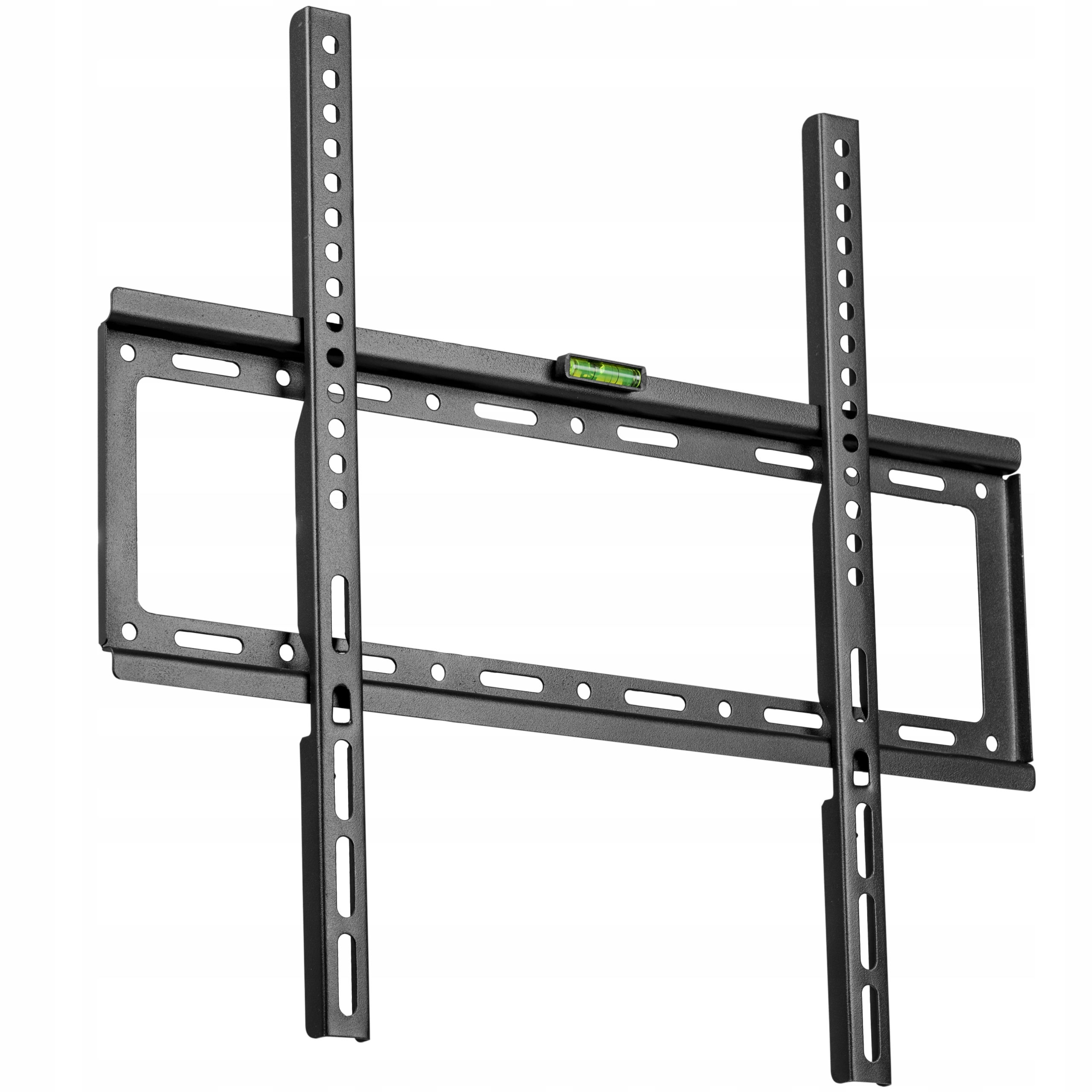 Czarny uchwyt ścienny do telewizora z poziomnicą. Uchwyt ma dwa pionowe ramiona do mocowania telewizora.