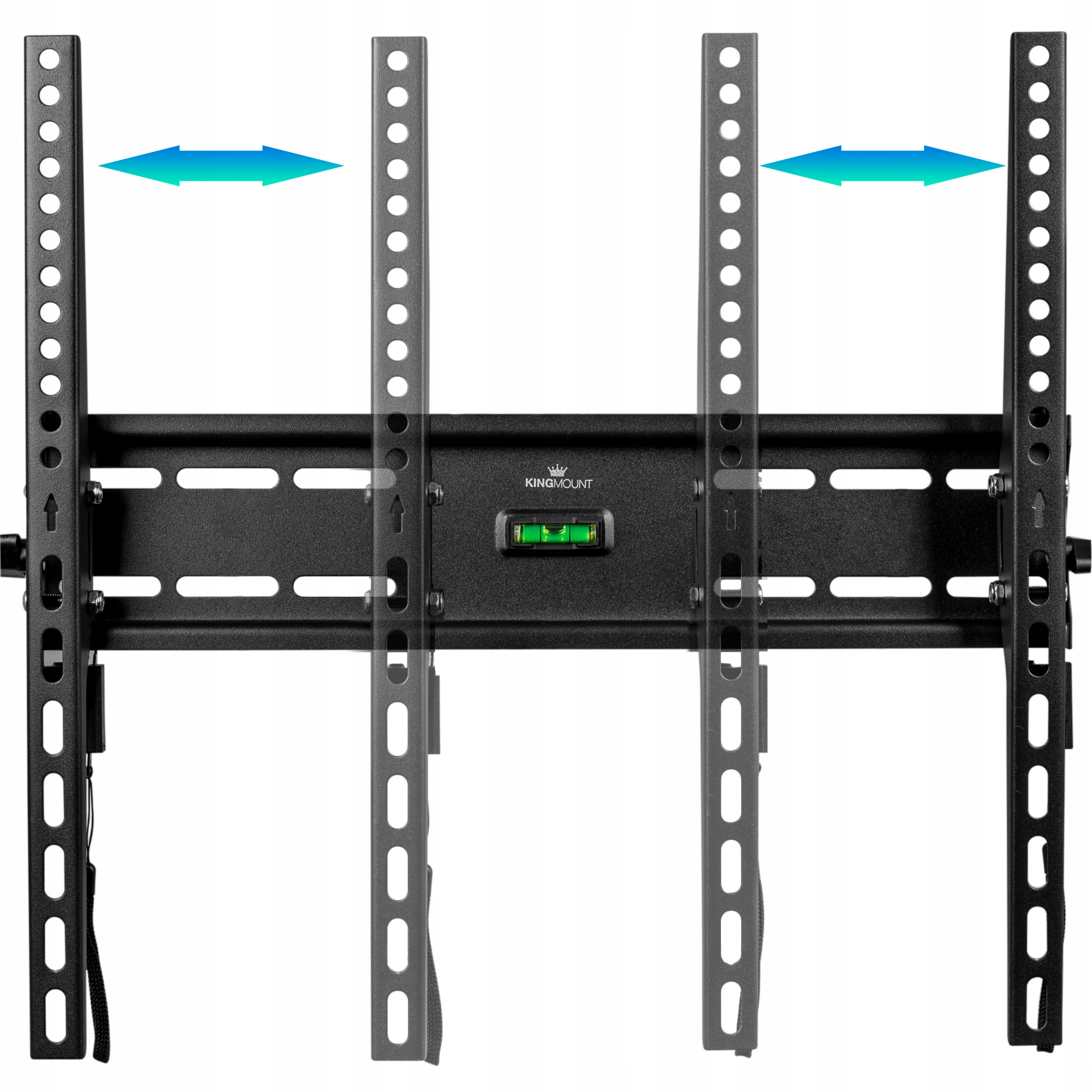 Uchwyt ścienny do telewizora, pokazujący regulację ramion montażowych ze strzałkami wskazującymi ruch.