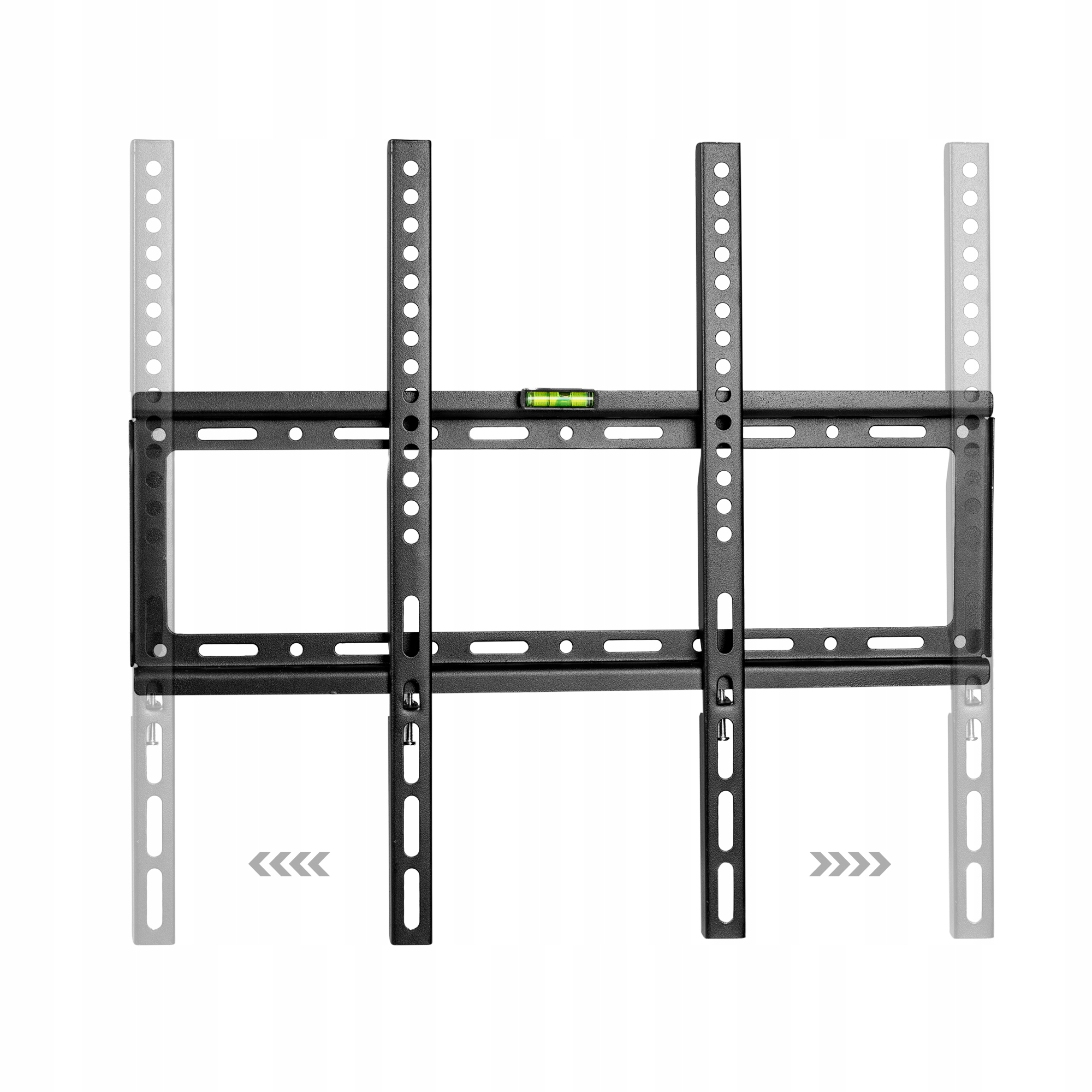 Czarny uchwyt ścienny do telewizora z regulowanymi ramionami, pokazujący możliwość regulacji poziomej.