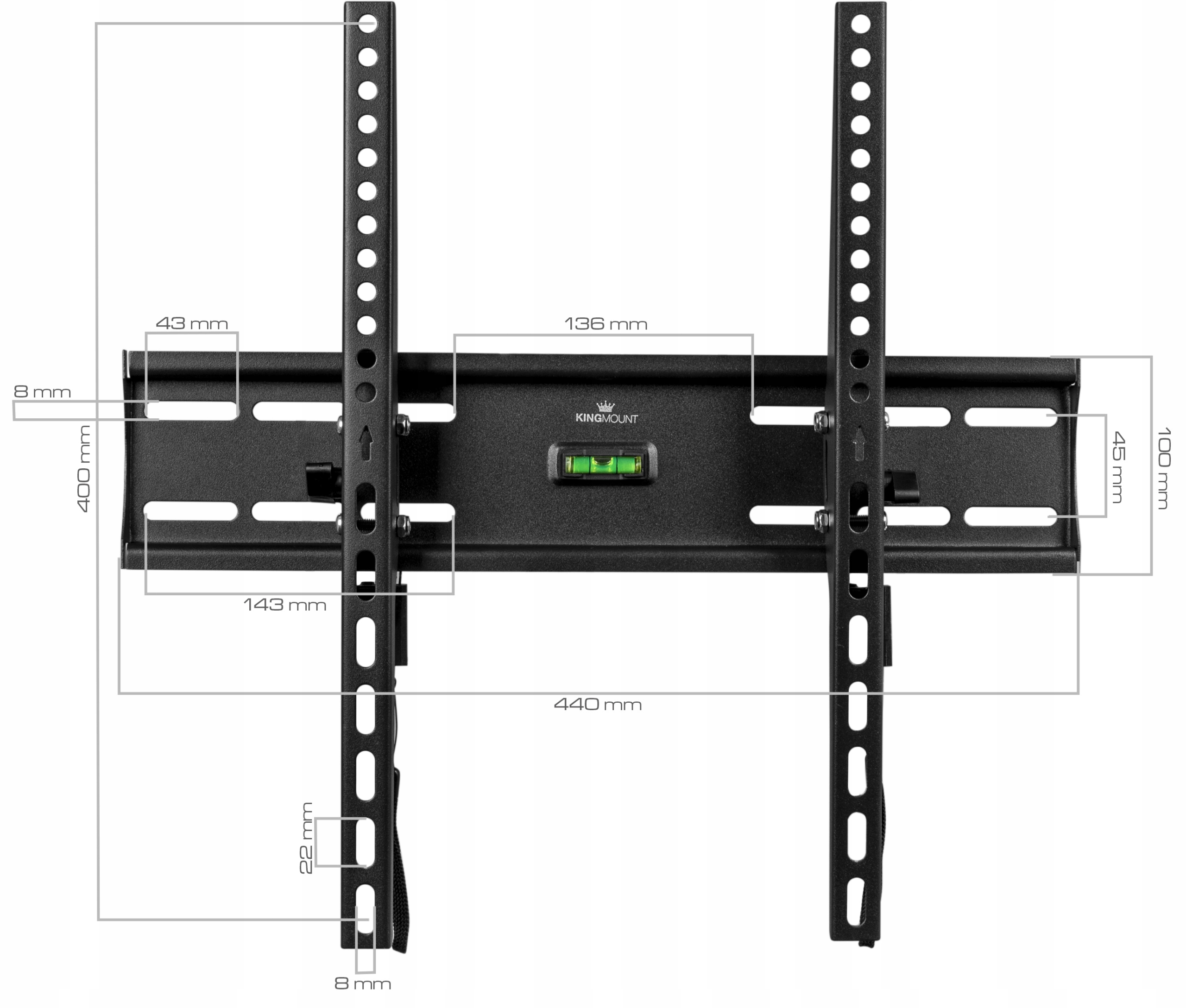 Czarny uchwyt ścienny do telewizora z wymiarami. Uchwyt jest przeznaczony do telewizorów do 400 mm VESA.