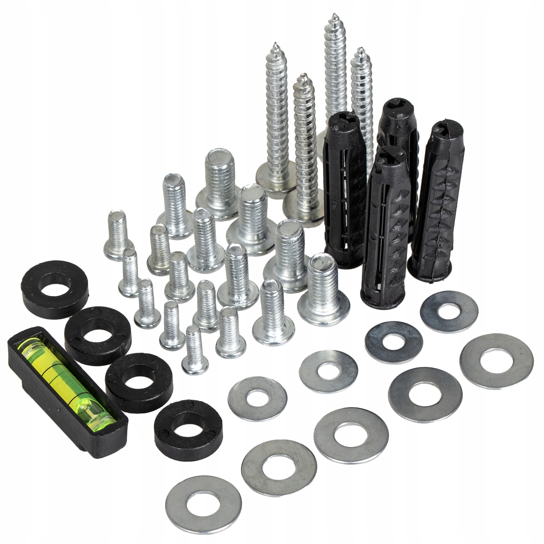 Asortyment śrub, śrub, podkładek i czarnych plastikowych kotew ściennych na białym tle.