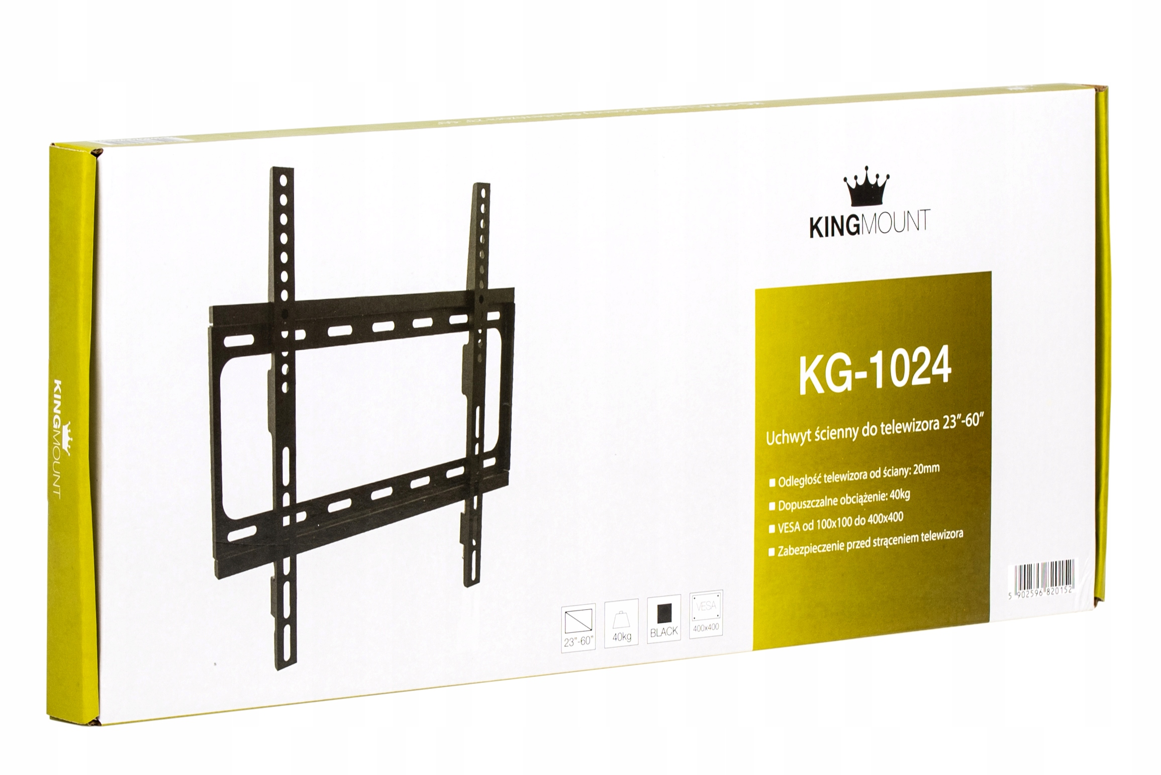 Pudełko wyświetla uchwyt do telewizora z tekstem wskazującym funkcje i specyfikacje.