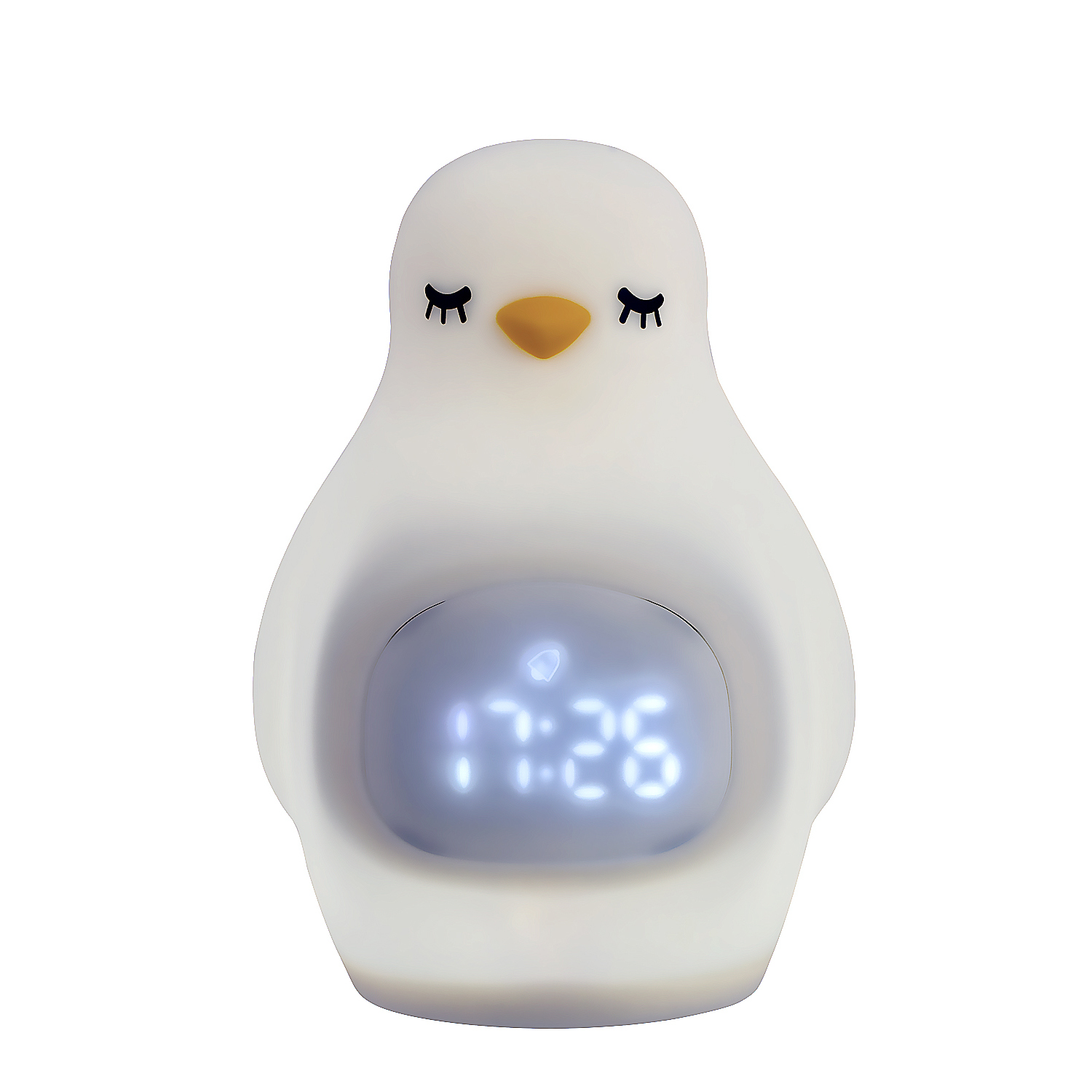 Un reloj blanco con forma de pingüino que muestra la hora, con los ojos cerrados.