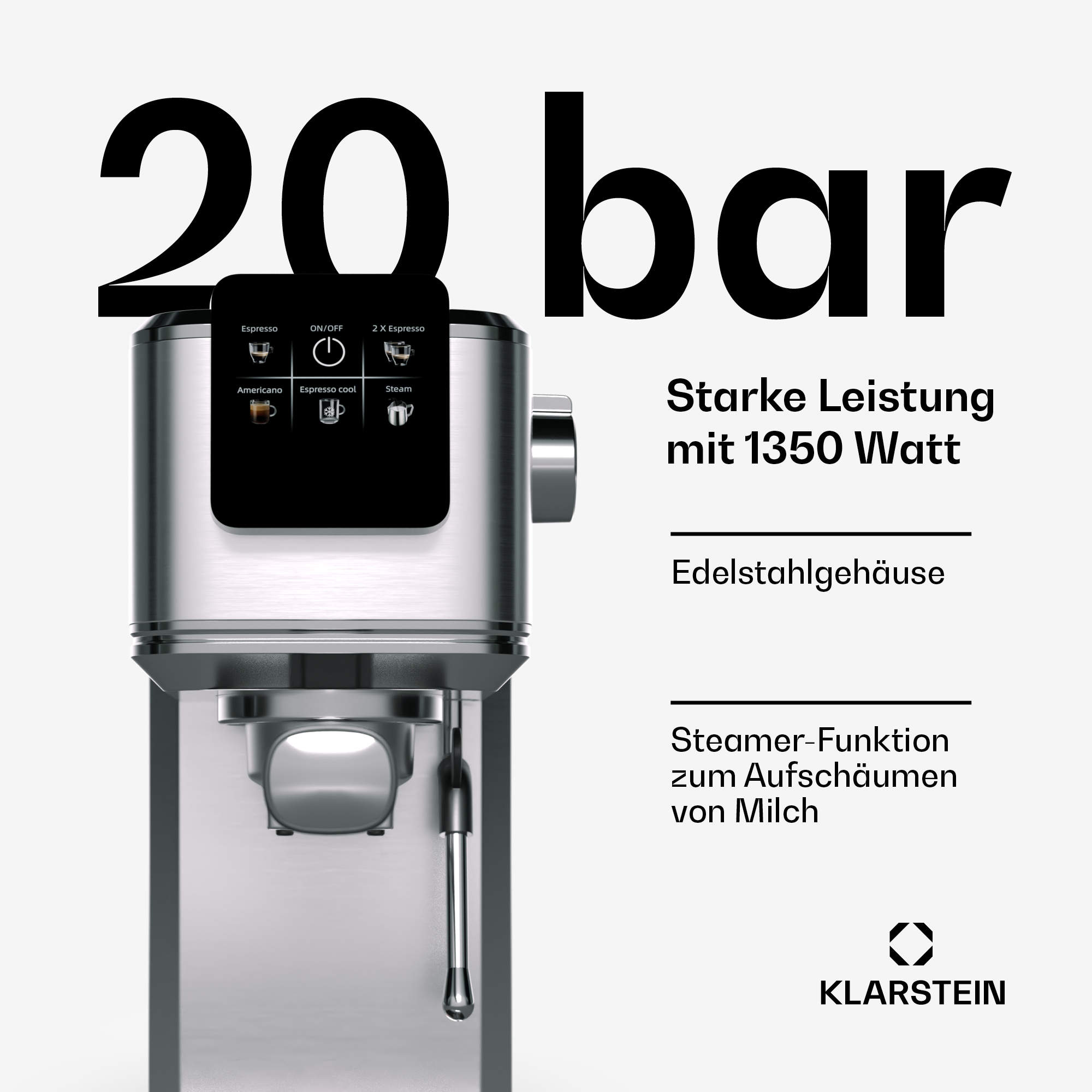 Máquina de espresso con indicación de 20 bares en la parte superior. Tiene una pantalla digital y el logo Klarstein.