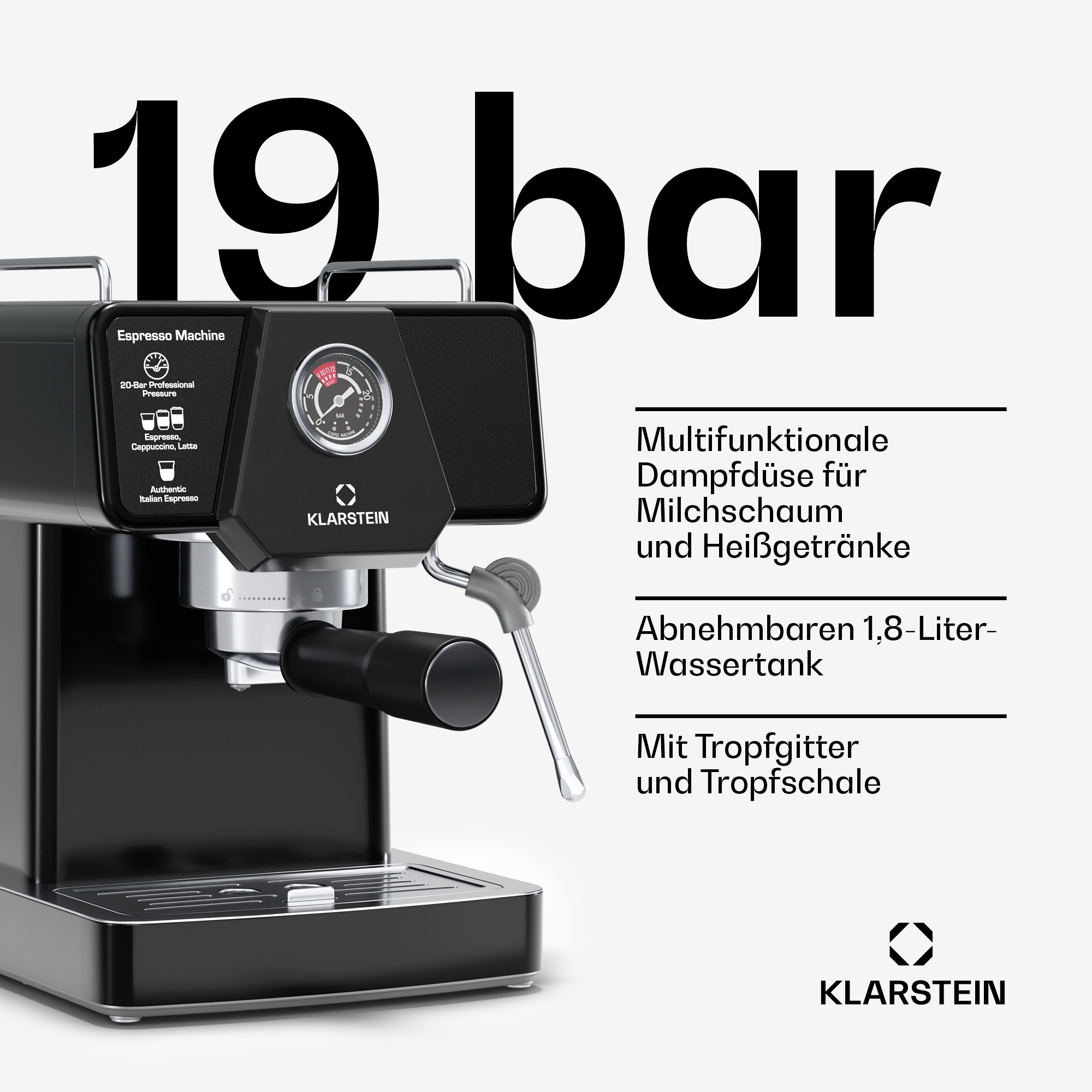 Máquina de espresso negra con etiquetas de funciones y texto de 19 bares.