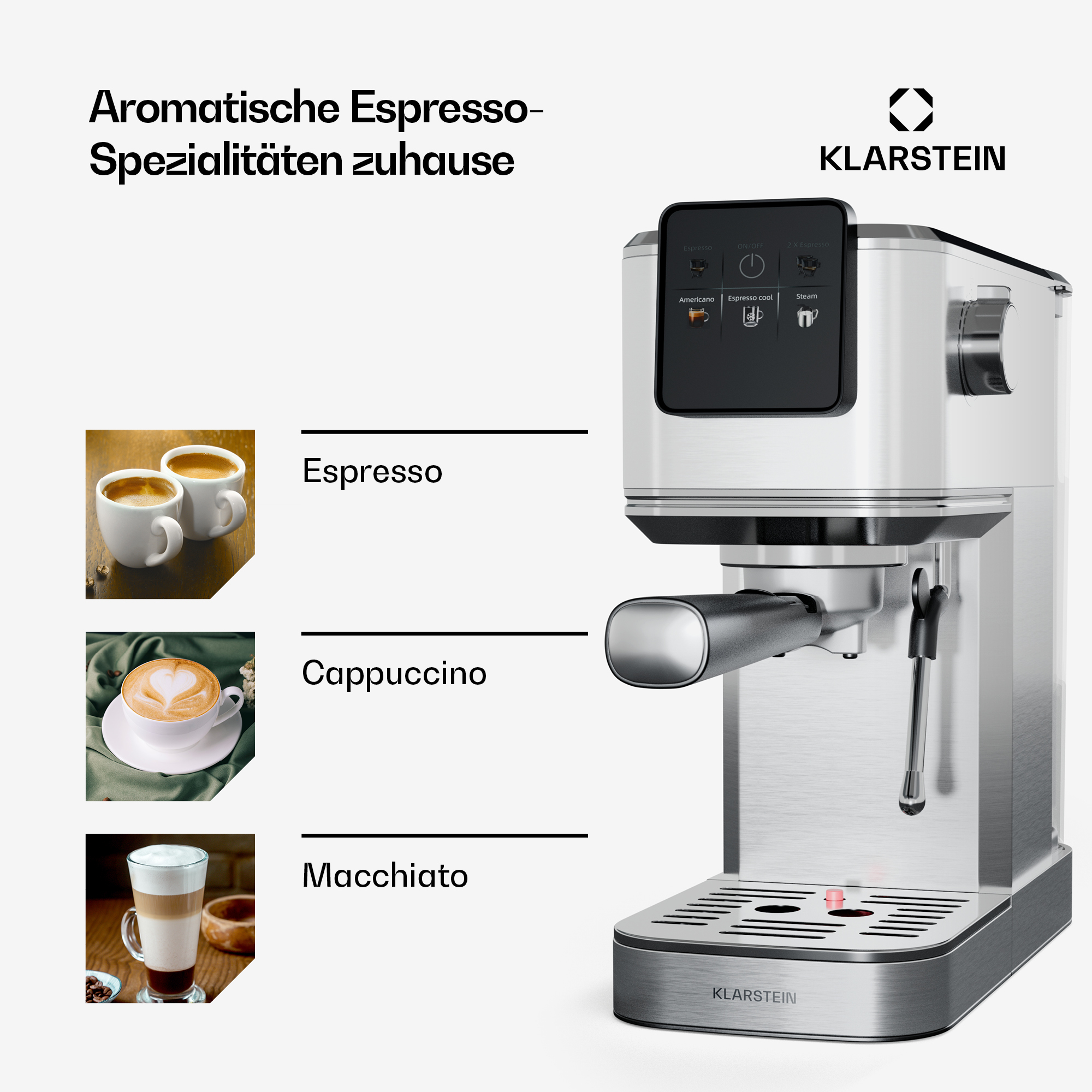 Cafetera espresso plateada con opciones de café: espresso, capuchino, macchiato.