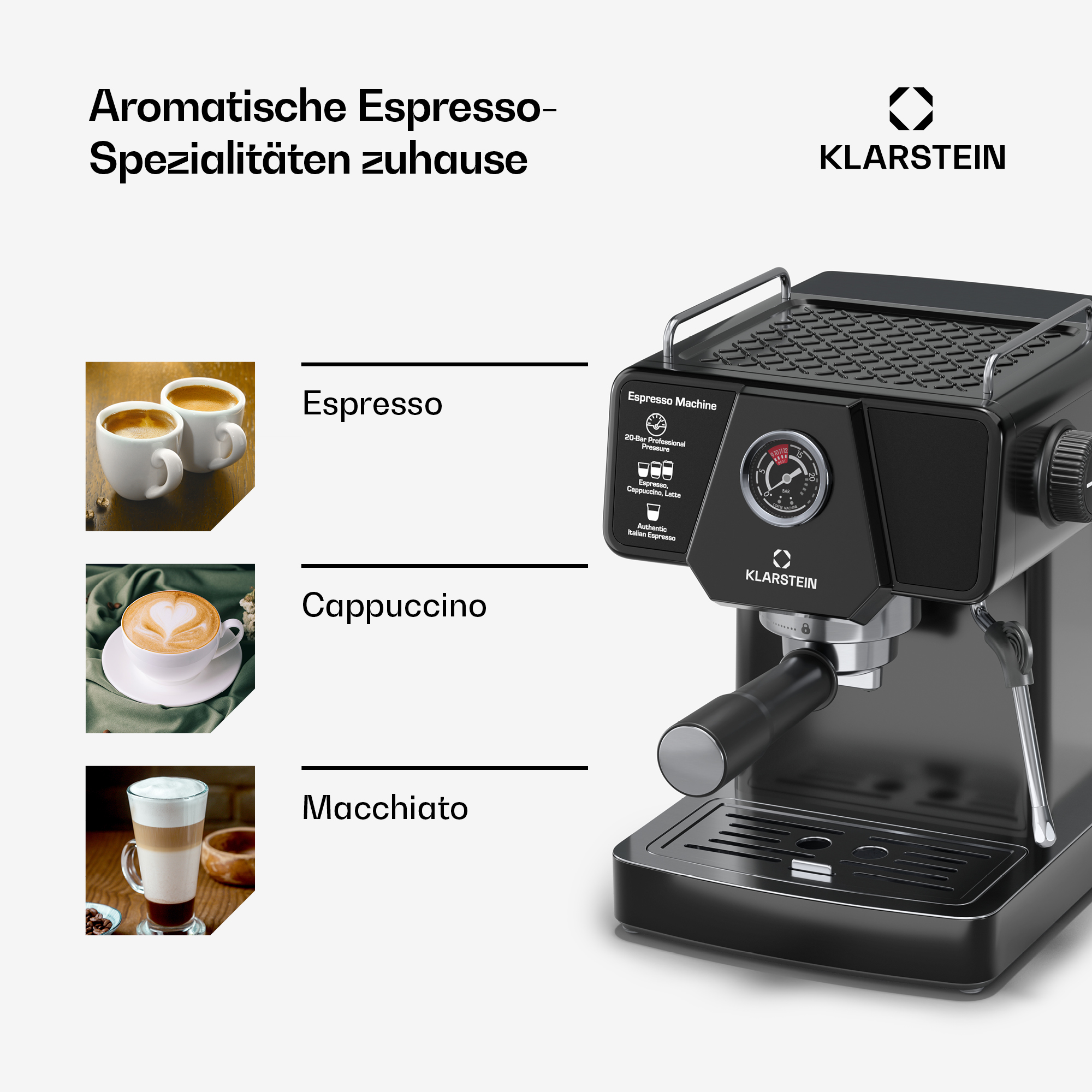 Máquina de espresso negra con tipos de café: espresso, capuchino, macchiato. Se ve un logo de Klarstein.
