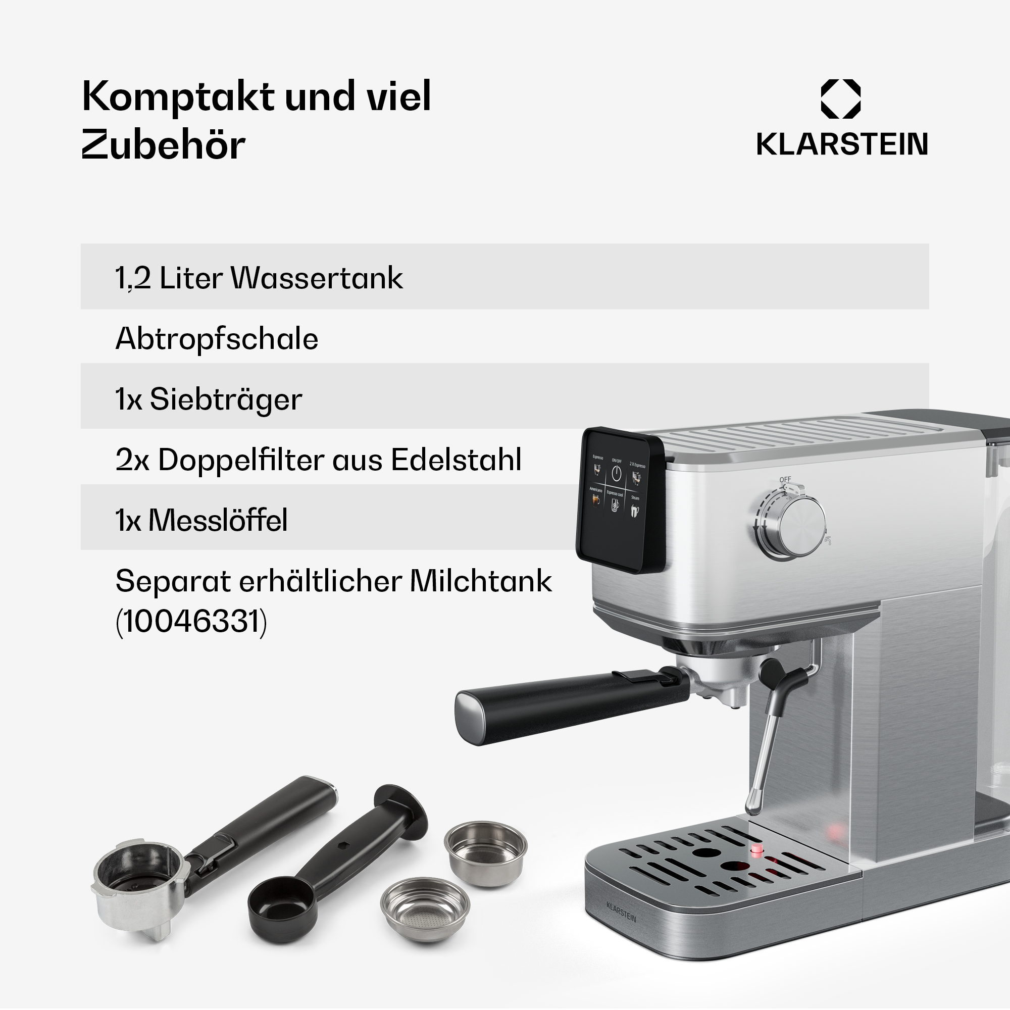Máquina de espresso con accesorios: portafiltro, prensador y cestas de filtro. Detalles textuales de los componentes.