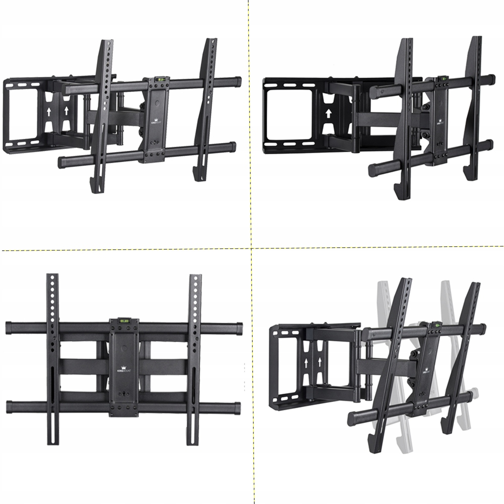 Cztery widoki czarnego uchwytu ściennego do telewizora, pokazujące różne kąty.