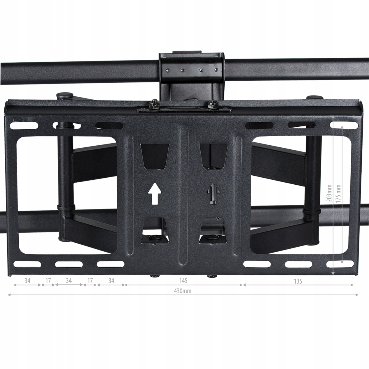 Czarny uchwyt ścienny do telewizora z wymiarami oznaczonymi strzałkami i białymi cyframi.