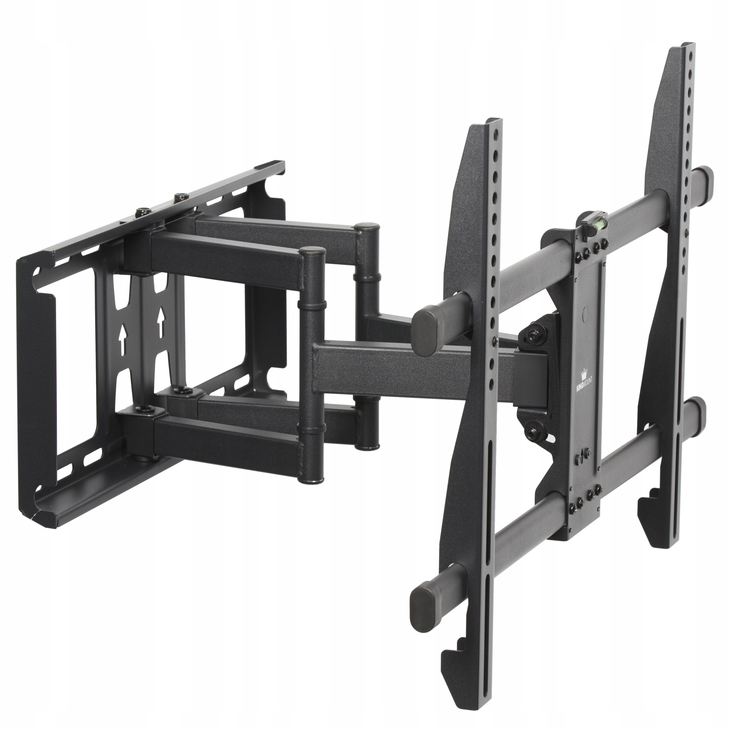 Czarny uchwyt ścienny do telewizora z ramionami przegubowymi, zamontowany na białym tle. Widoczna rama.