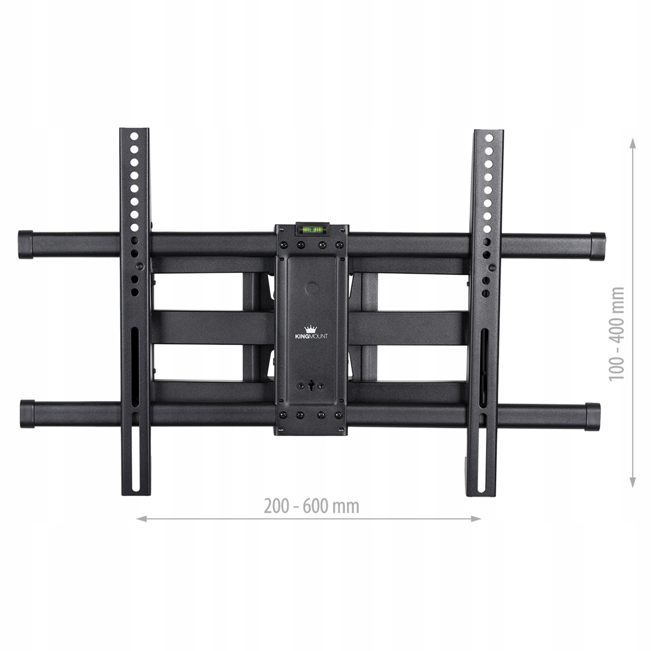 Czarny uchwyt ścienny do telewizora, wymiary: szerokość 200-600 mm, wysokość 100-400 mm. Logo Kingmount.