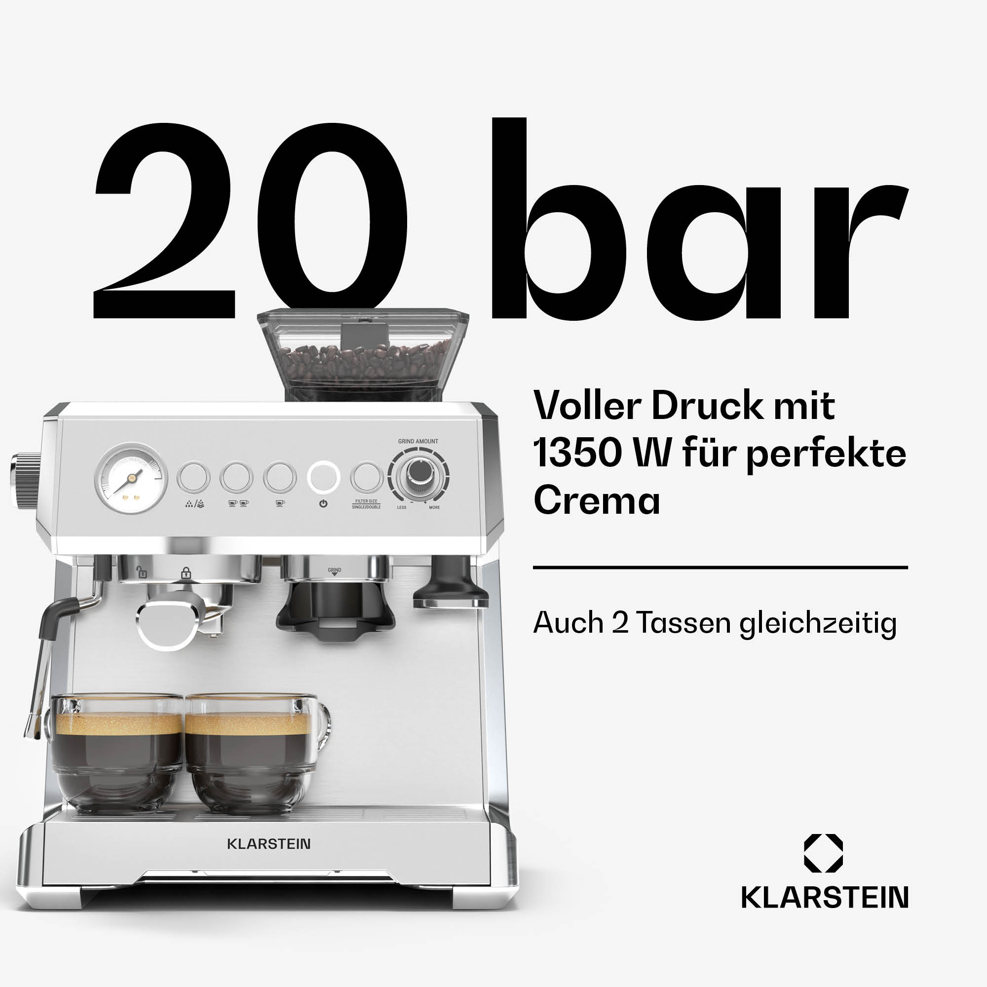 Máquina de espresso plateada con 20 bares de presión, también hace dos tazas a la vez. Logo Klarstein.