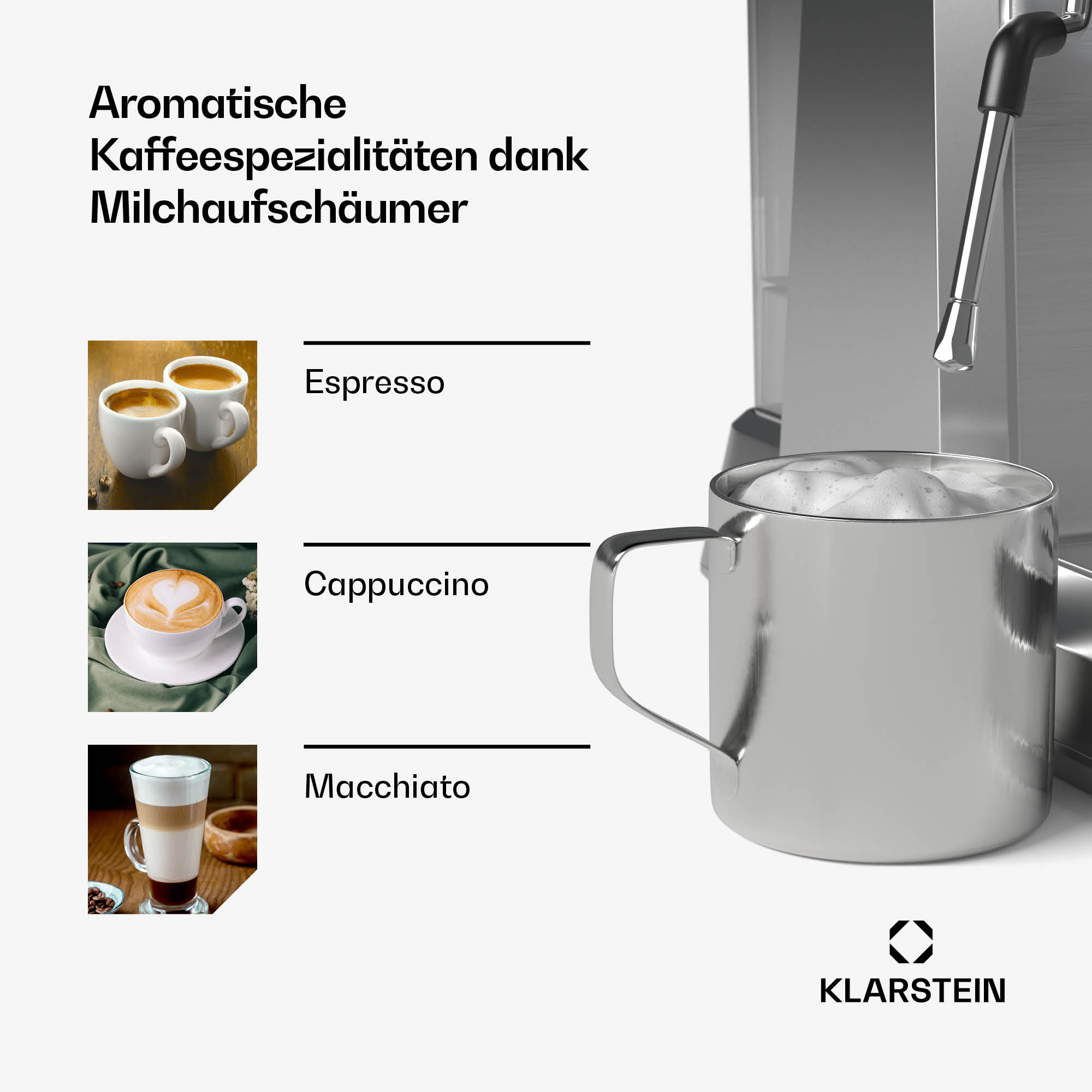 Máquina de espresso que prepara tipos de café: espresso, capuchino, macchiato. Se ve un logo Klarstein.