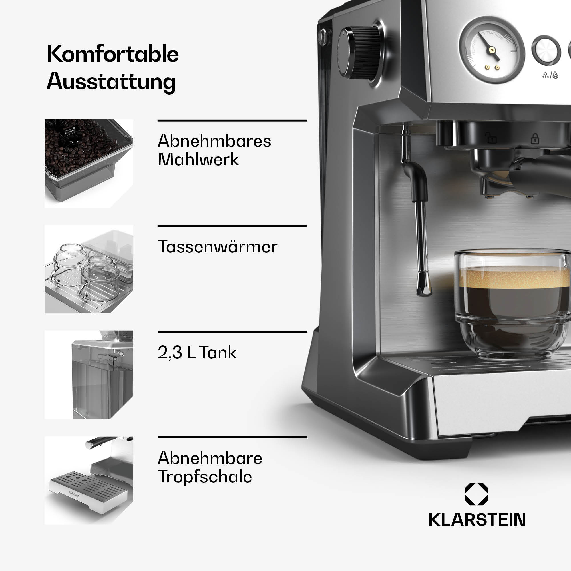Máquina de espresso plateada mostrando características: molinillo, calienta tazas, depósito, bandeja. Klarstein.
