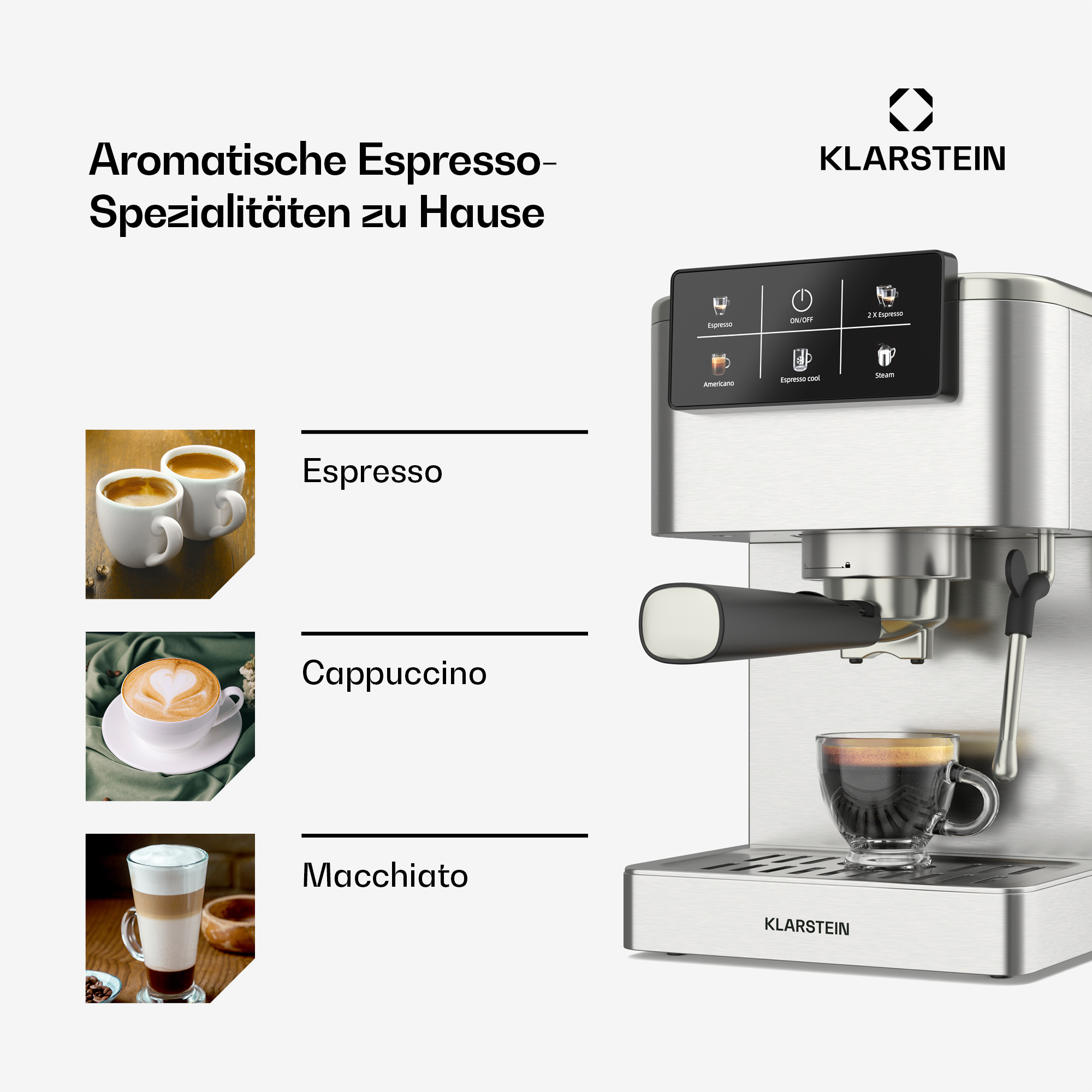 Máquina de espresso. Tiene varios botones, una taza de café y una pantalla. El fondo es blanco.