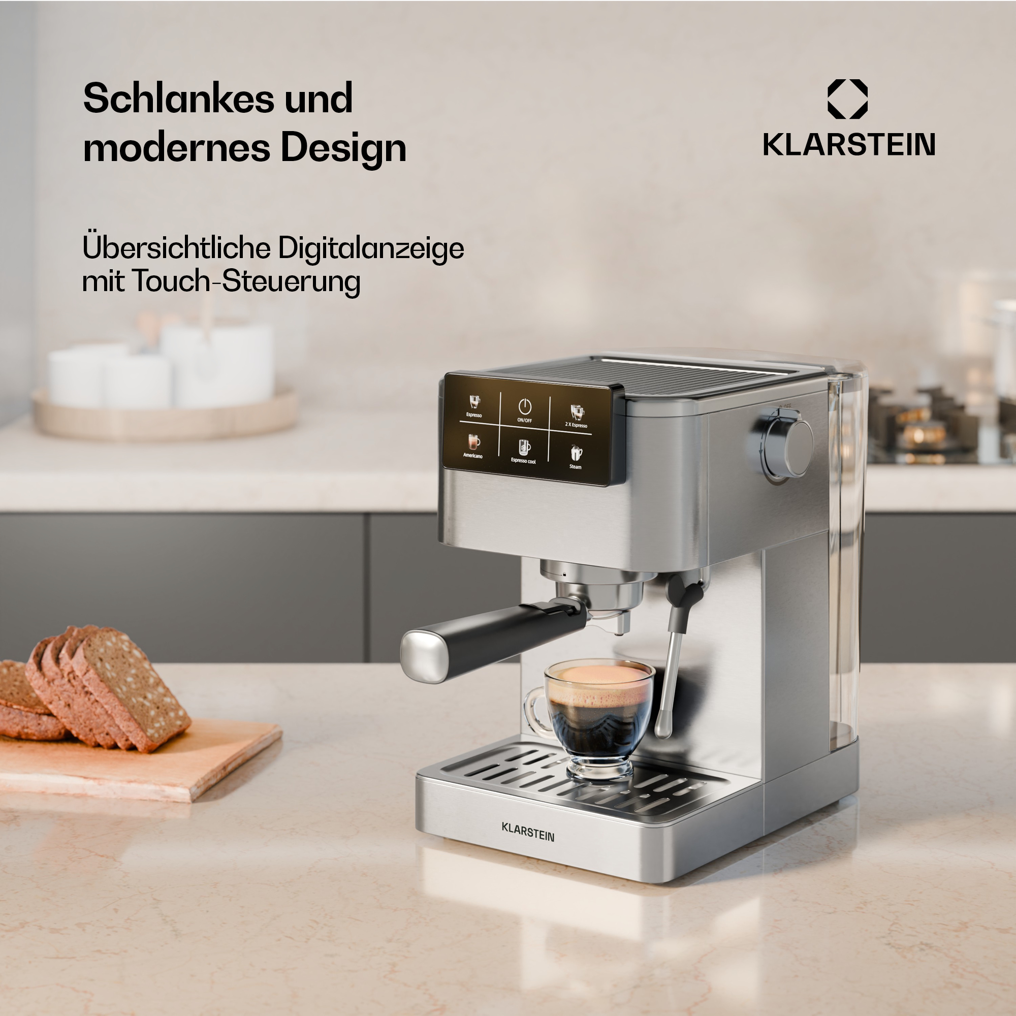 Máquina de espresso moderna con pantalla digital, preparando espresso en un vaso. Marca Klarstein visible.