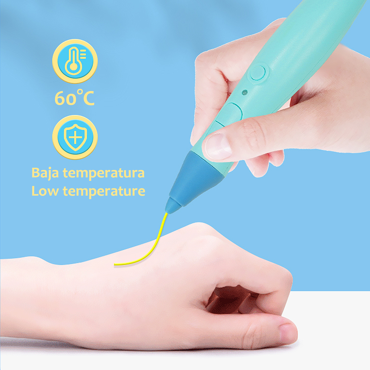 Eine Hand benutzt einen 3D-Stift. Die Stiftspitze berührt eine Haut. Die Temperatur beträgt 60°C. Niedrige Temperatur.