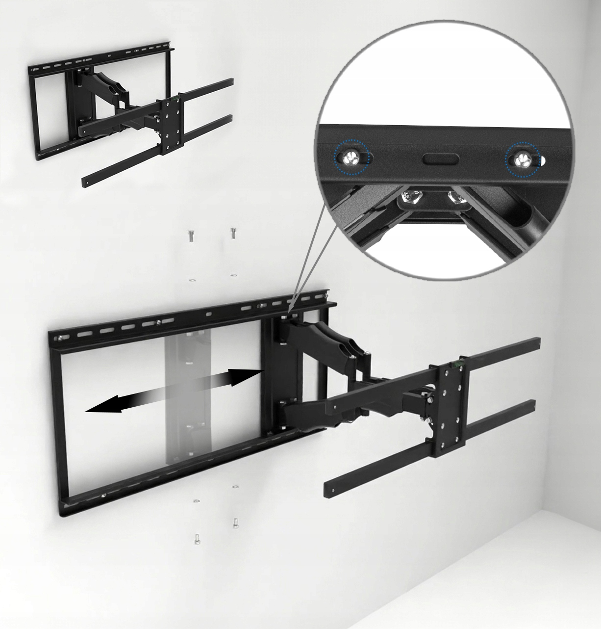 Czarny uchwyt ścienny do telewizora zamontowany na białej ścianie, ze strzałkami wskazującymi ruch poziomy.