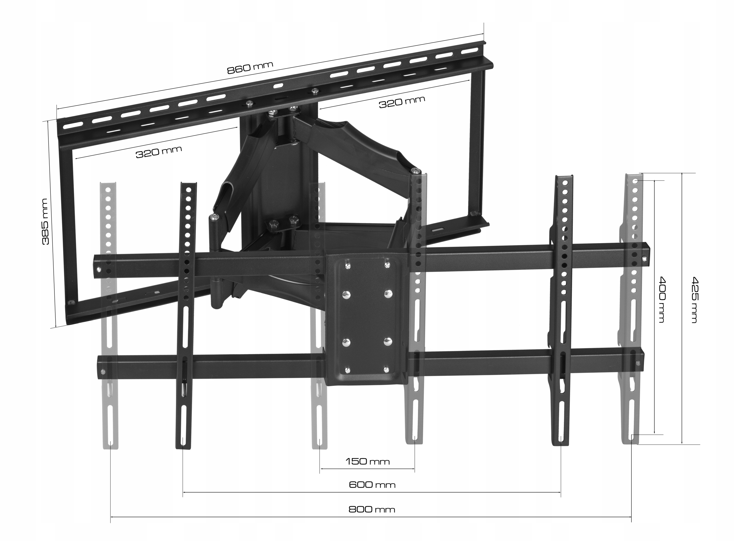 Czarny uchwyt ścienny do telewizora z wymiarami podanymi w milimetrach, pokazujący różne pomiary.