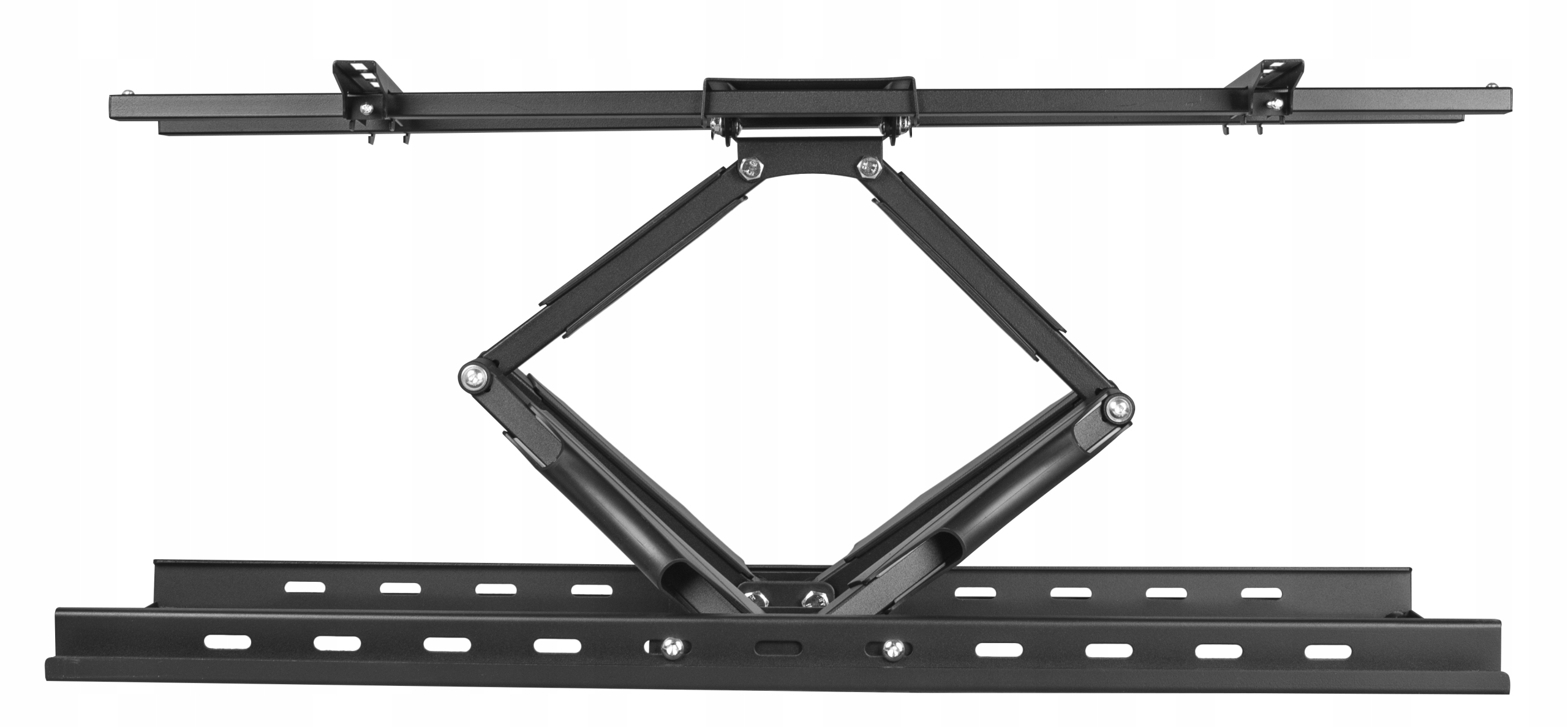 Zbliżenie czarnego uchwytu ściennego do telewizora z rozłożonymi ramionami przegubowymi, pokazujące mechanizm.