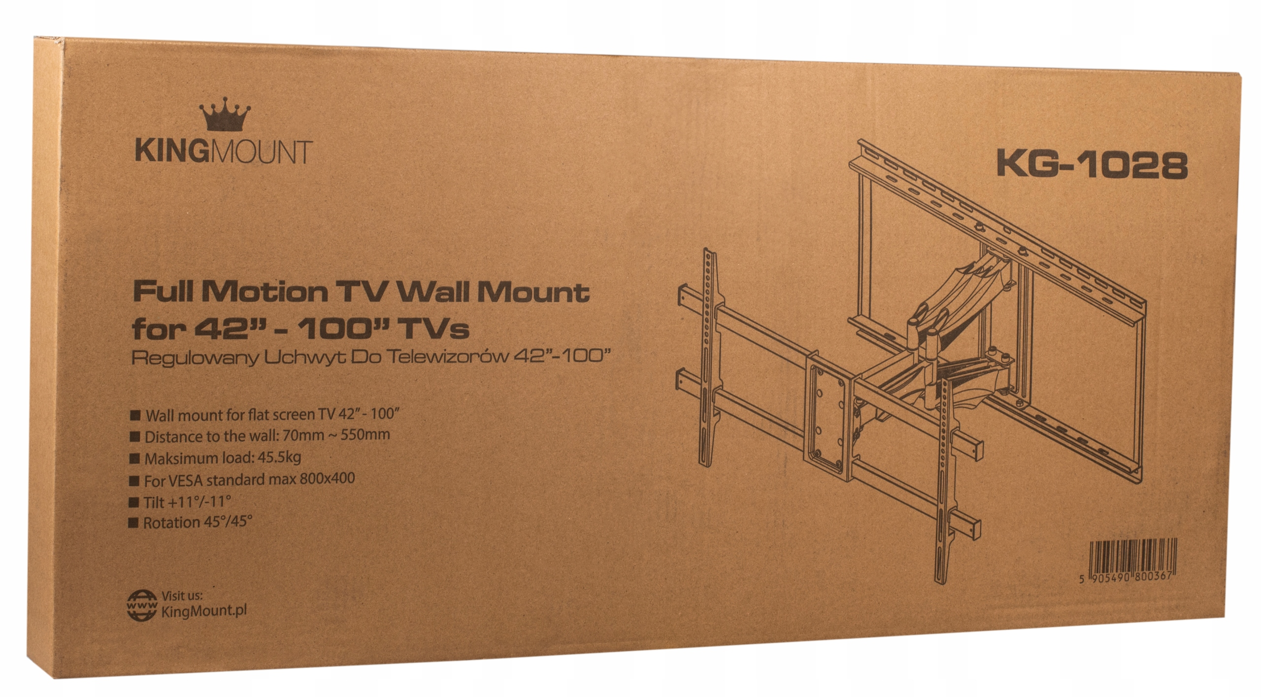 Brązowe kartonowe pudełko z nadrukowanym projektem uchwytu ściennego do telewizora i specyfikacjami.