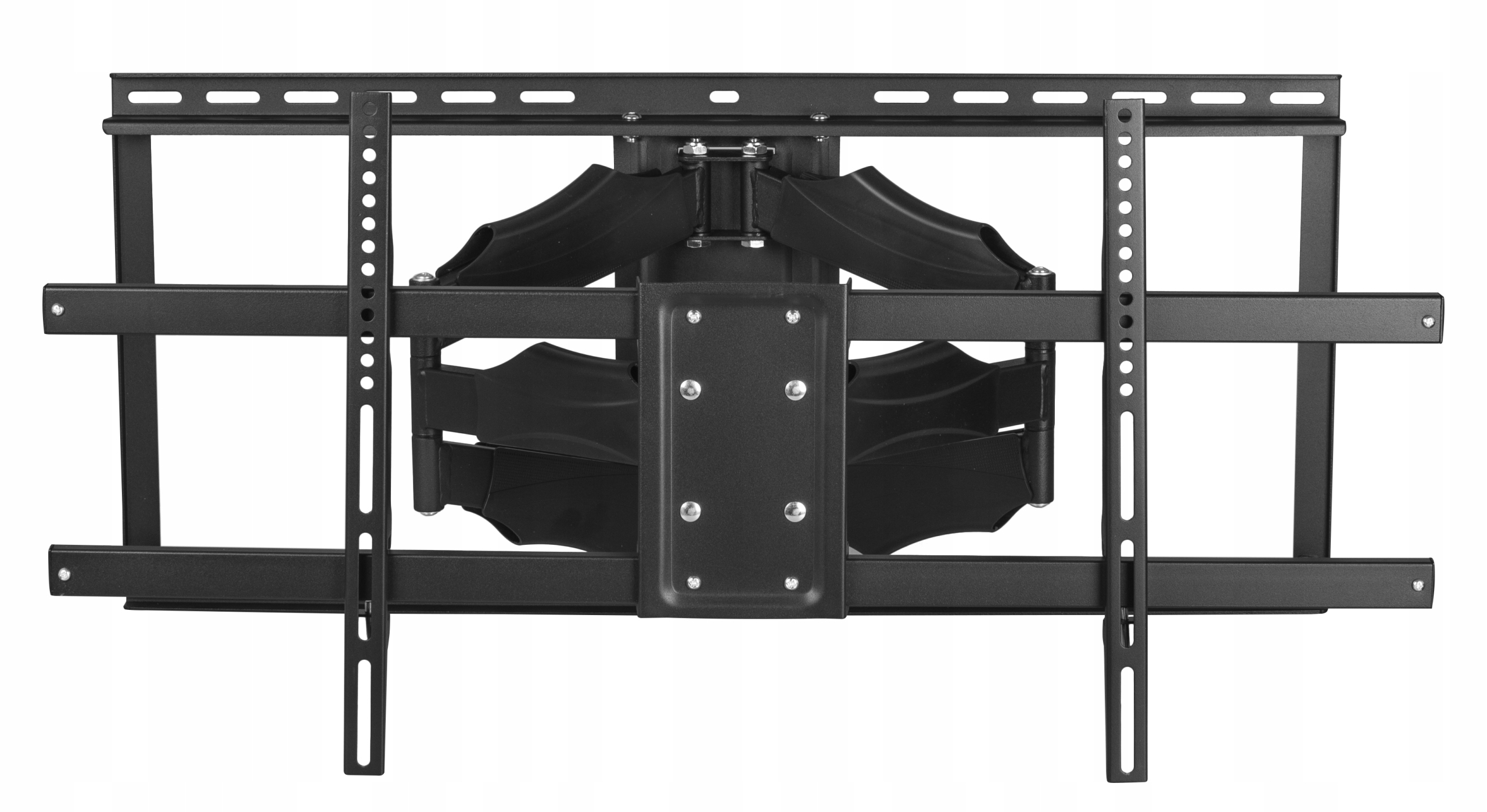 Czarny uchwyt ścienny do telewizora z centralnym ramieniem przegubowym i poziomymi belkami podporowymi.