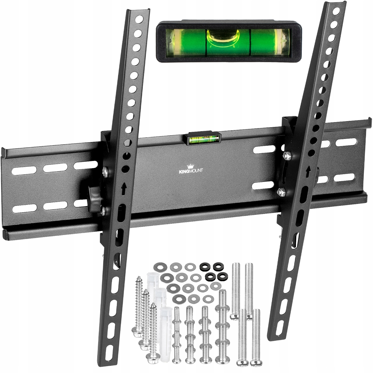 Czarny uchwyt TV, z poziomnicą. Śruby i akcesoria w zestawie.