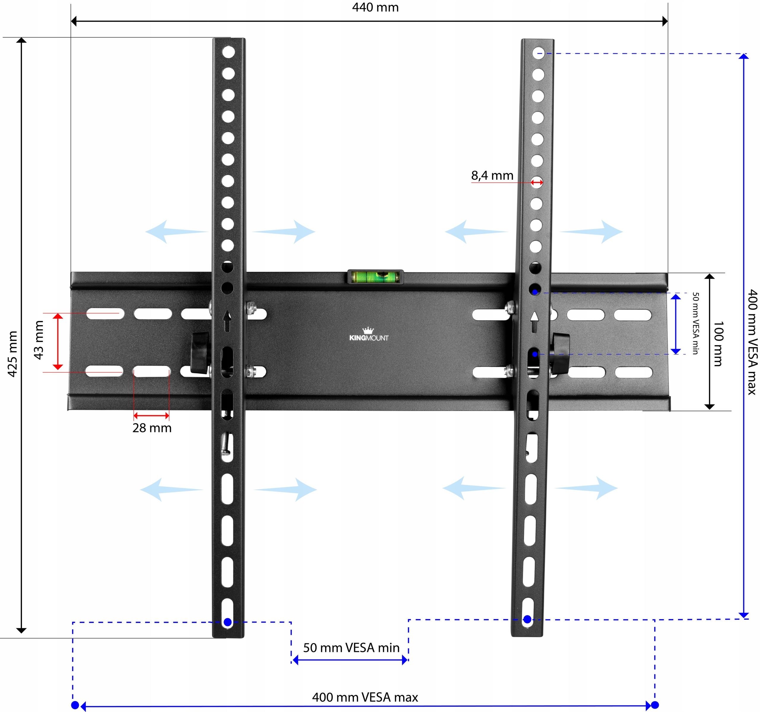 Uchwyt TV z wymiarami, czarny, z poziomicą. Strzałki wskazują kierunek.