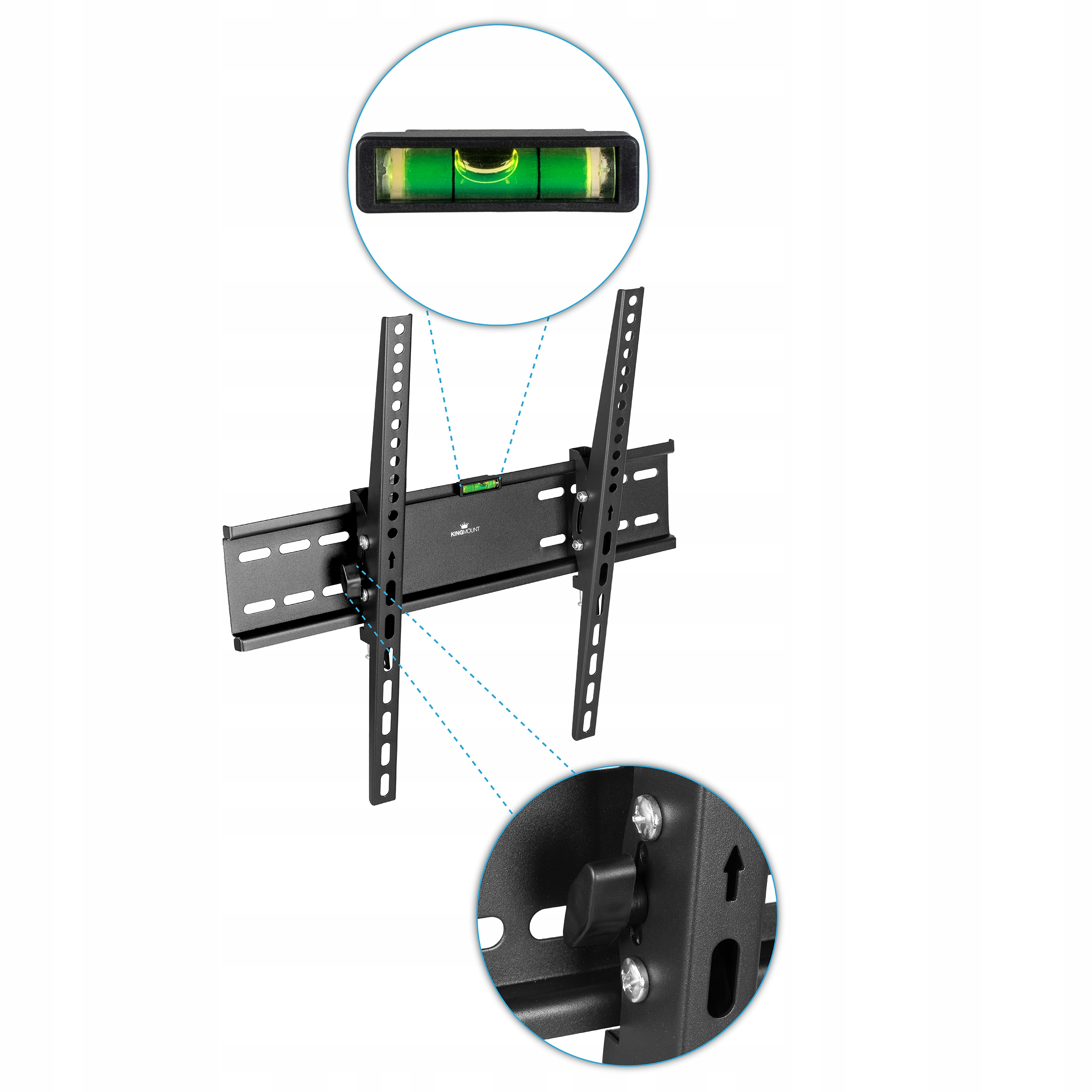 Czarne elementy uchwytu TV i poziomica z zbliżeniem śruby.