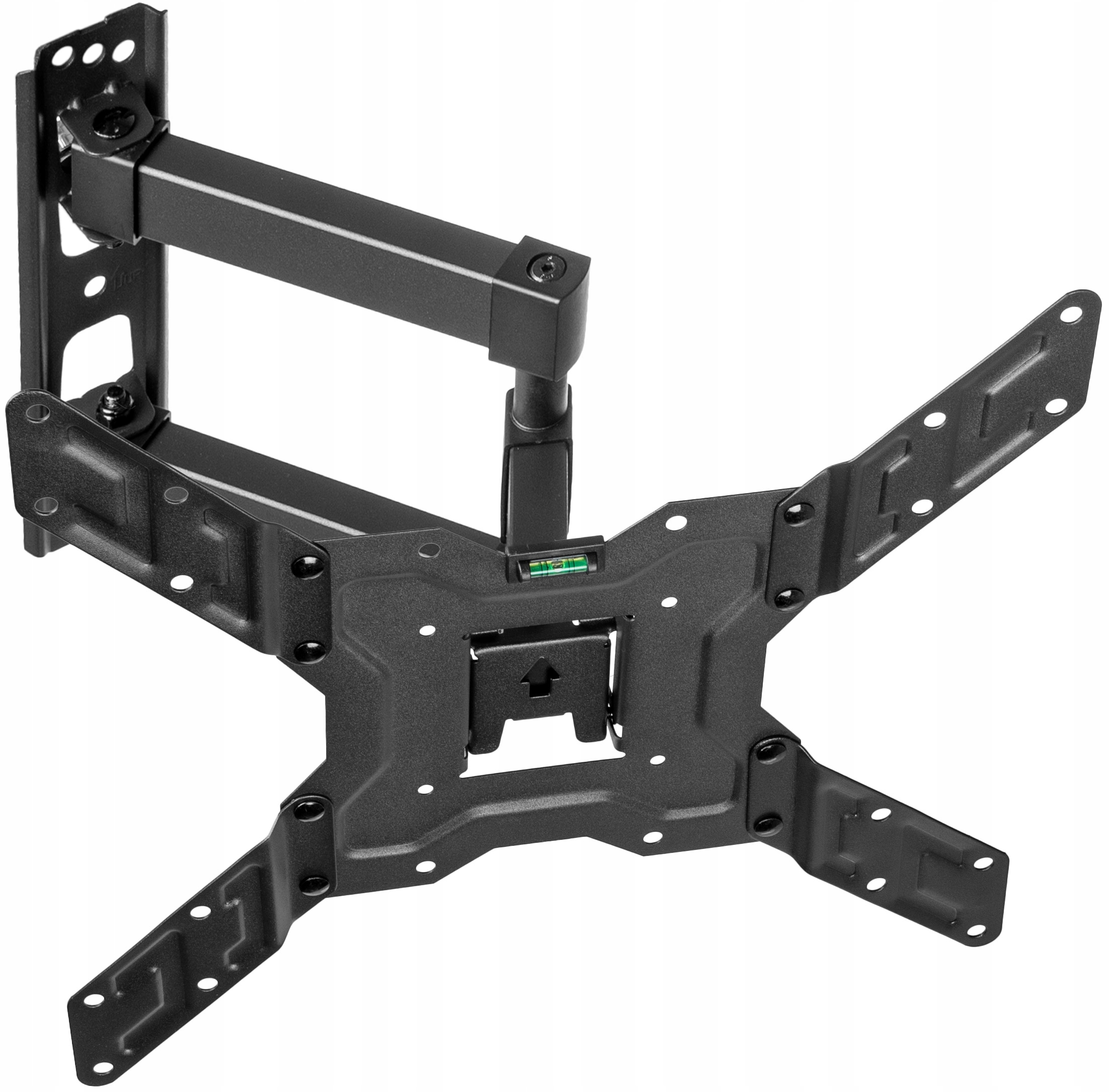 Przegubowy uchwyt TV, czarny, z poziomicą. Widok z góry.