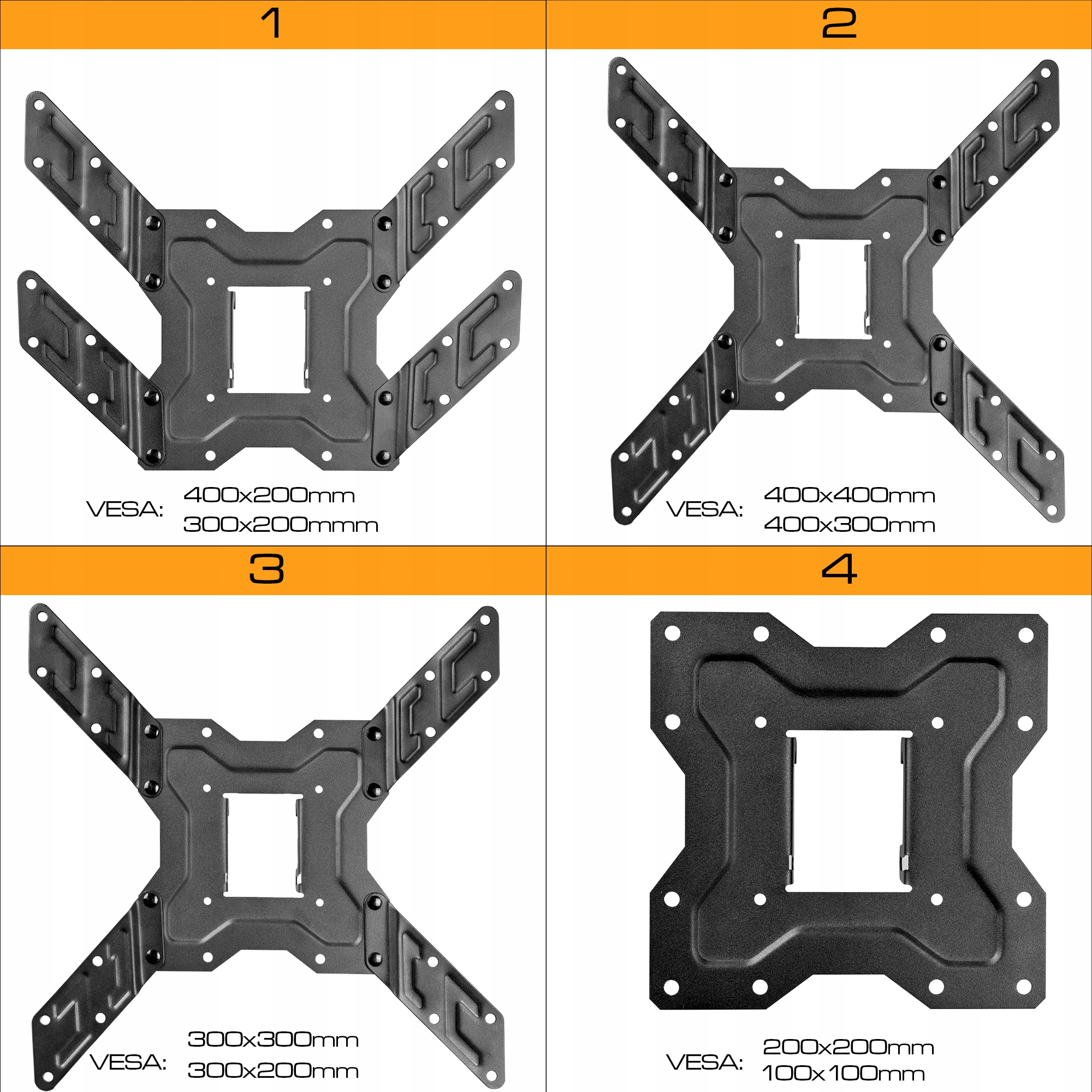Cztery różne wzory uchwytów TV z rozmiarami VESA.