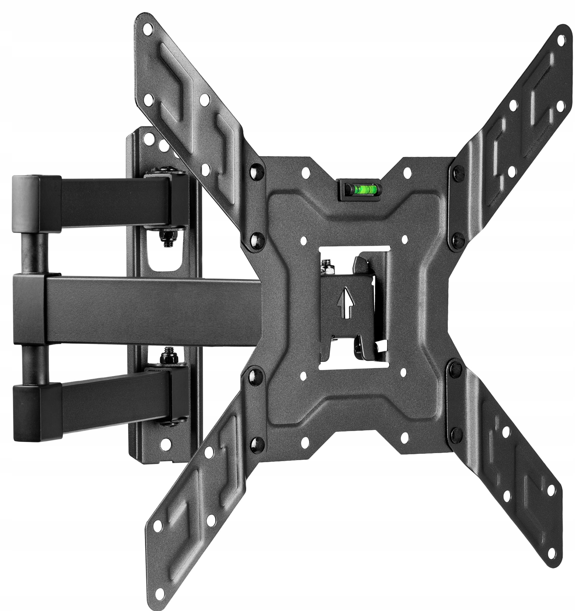 Czarny, przegubowy uchwyt TV z poziomicą do montażu na ścianie.